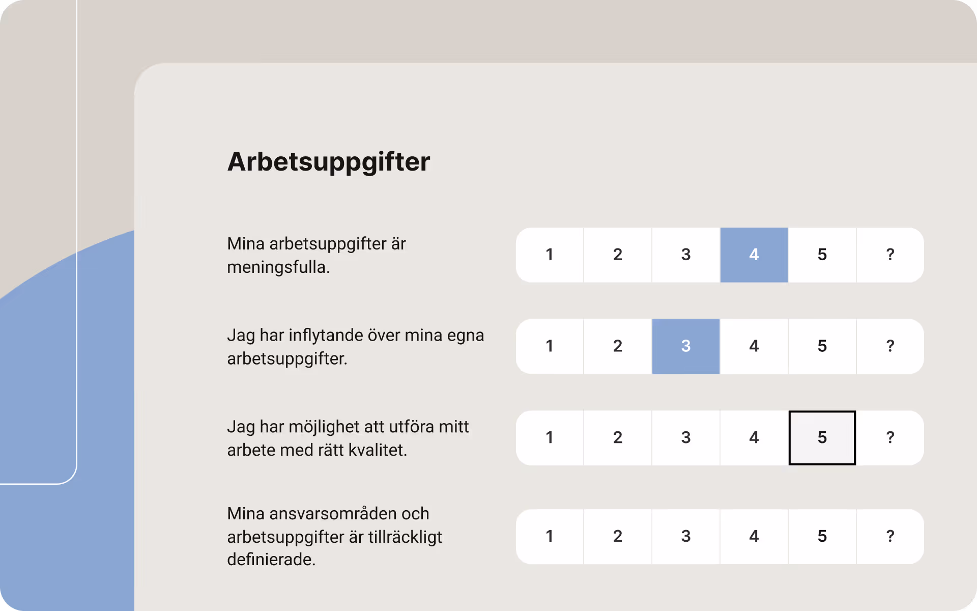 Frågerutnät i Enalyzer-plattformen med Likert-skalefrågor och fokusindikatorer som visar navigering och val med tangentbord utan mus.