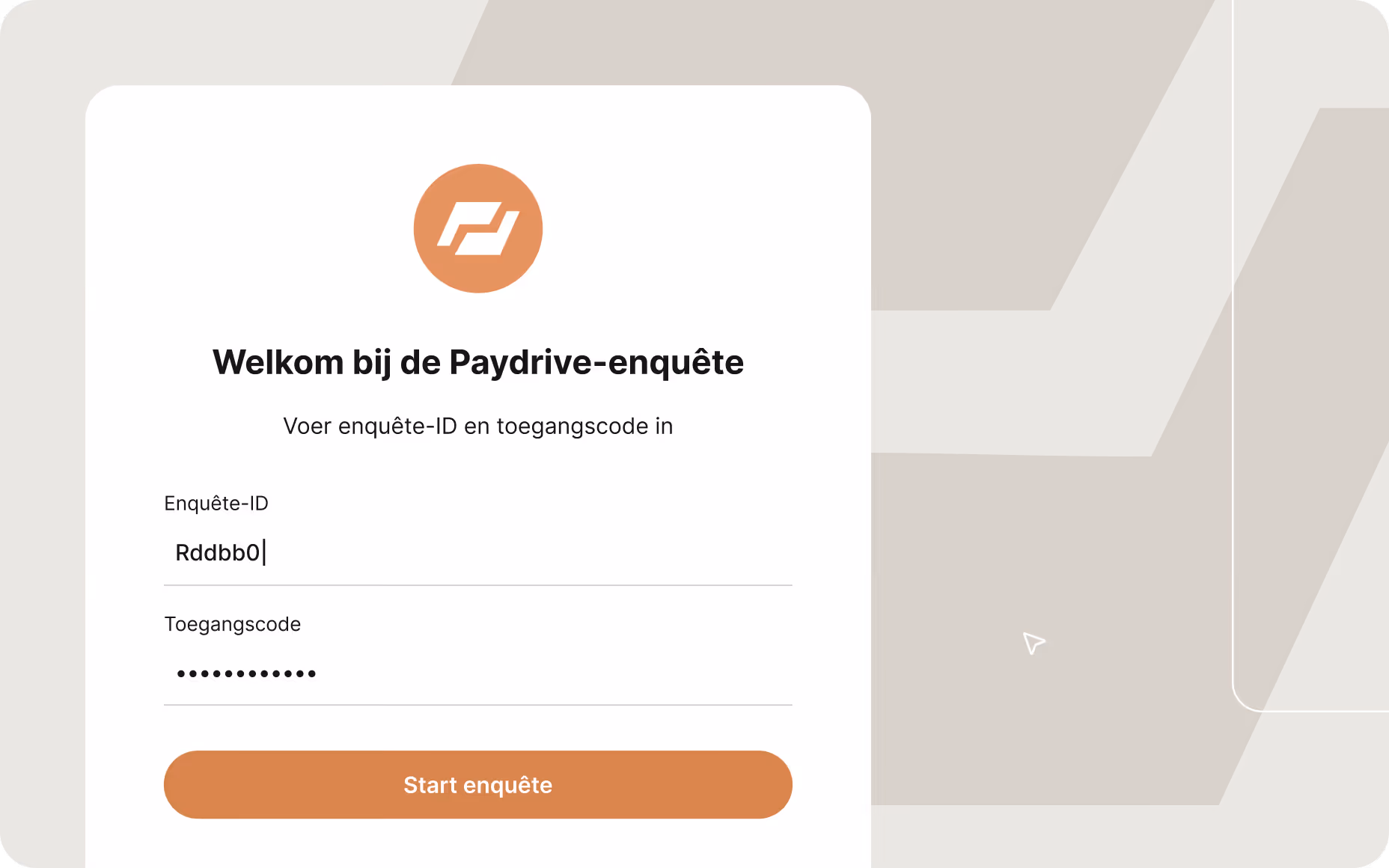Gebrandmerkte enquête-login met velden voor enquête-ID en wachtwoord en een knop om de enquête te starten.