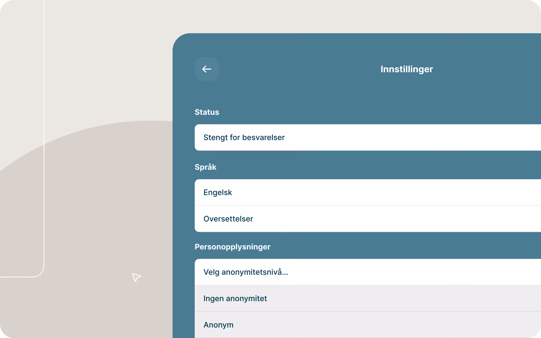Anonymitetskontroller i enkätinställningar som gör det möjligt att samla in svar utan att identifiera deltagare i Enalyzer-plattformen.