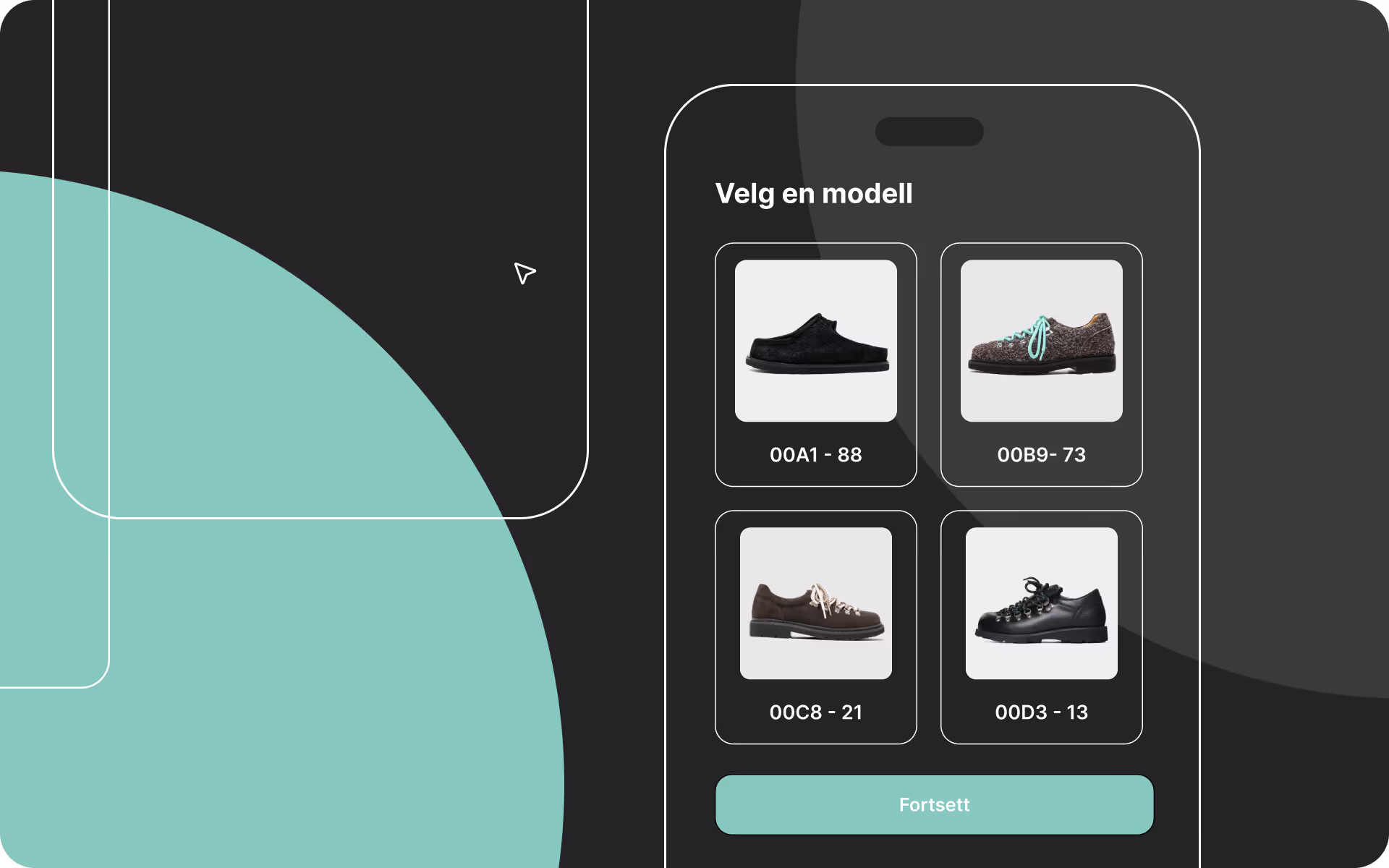 Mobilskjerm-mockup som viser et spørsmål der brukere blir bedt om å velge en skomodell fra fire bildealternativer, brukt for å illustrere mobil-først design av spørreskjemaer.