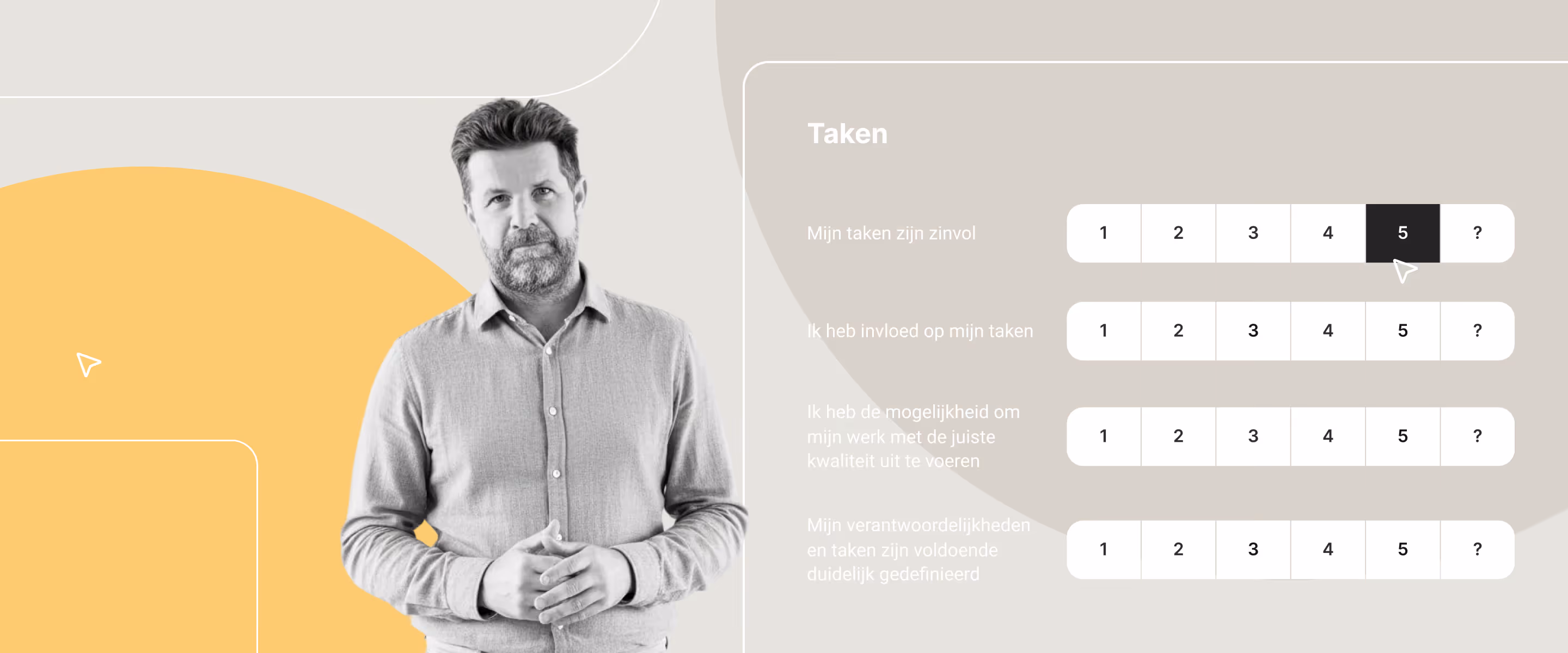 Illustratie van een medewerkersenquête met een vragenlijst die wordt gebruikt om het welzijn van werknemers te meten op basis van een wetenschappelijk onderbouwde welzijnstheorie.