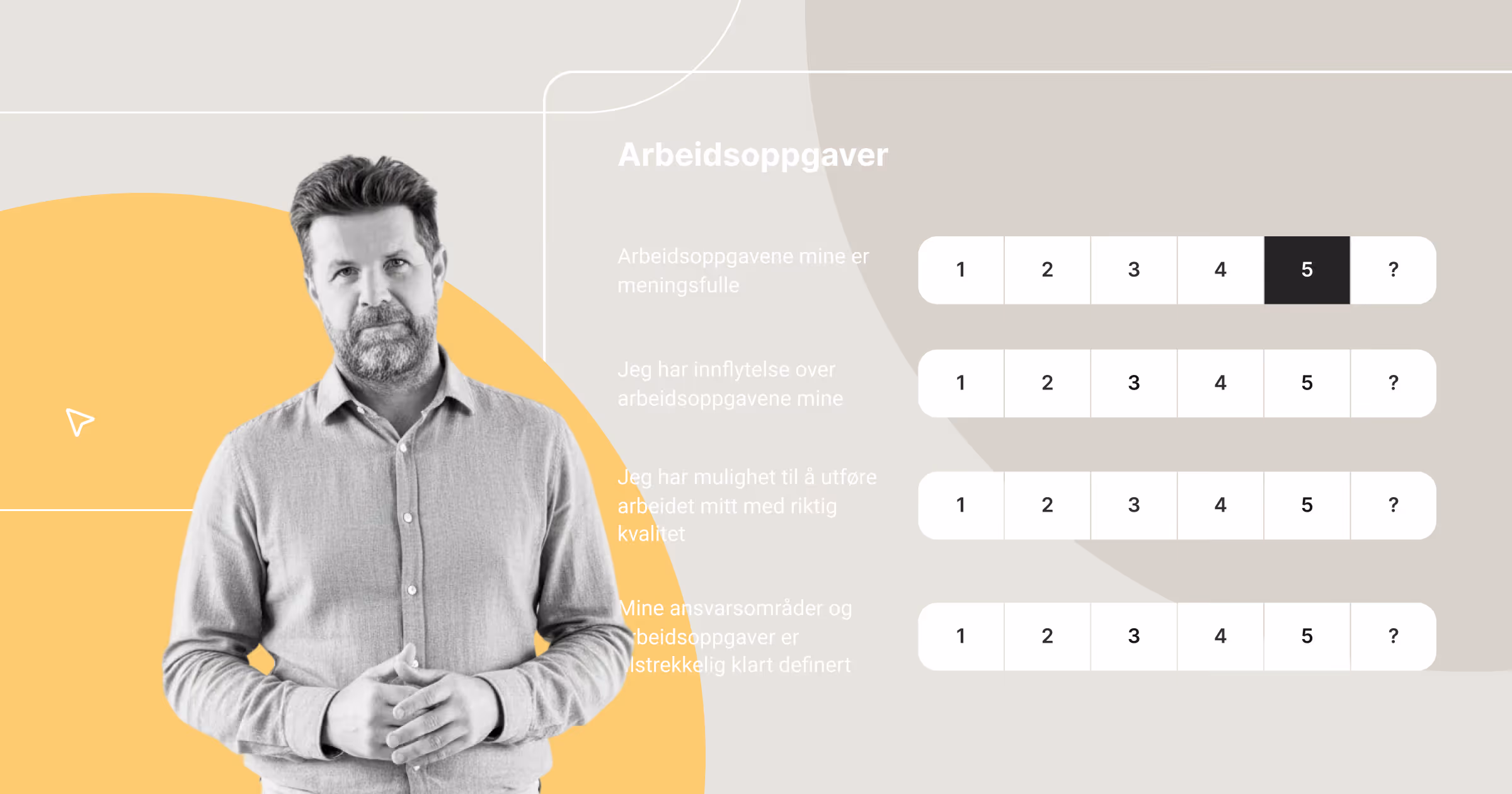 Illustratie van een medewerkersenquête met een vragenlijst die wordt gebruikt om het welzijn van werknemers te meten op basis van een wetenschappelijk onderbouwde welzijnstheorie.