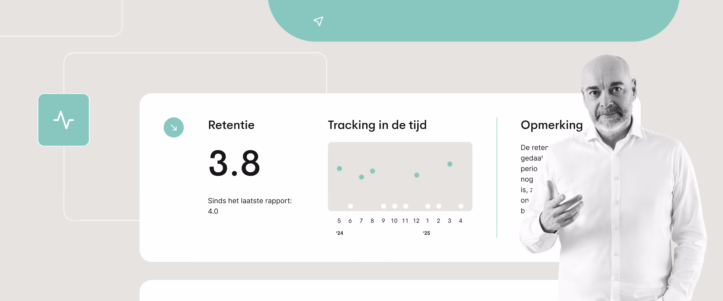 Dashboard-weergave met een retentiescore, trendtracking in de loop van de tijd en een verklarend opmerkingenpaneel.