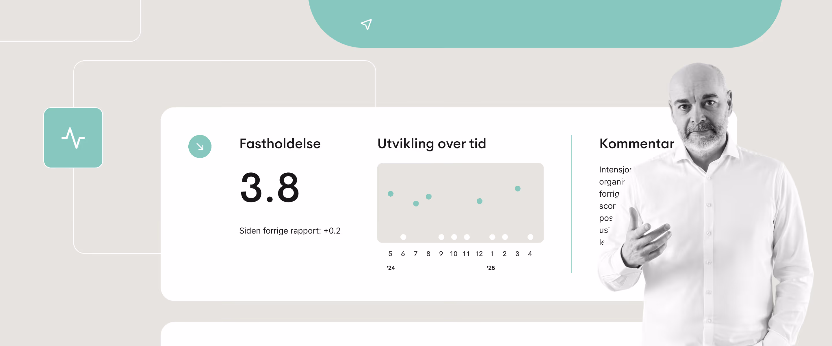 Dashbord-visning som viser en oppbevaringspoeng, trendsporing over tid og et forklarende kommentarpanel.