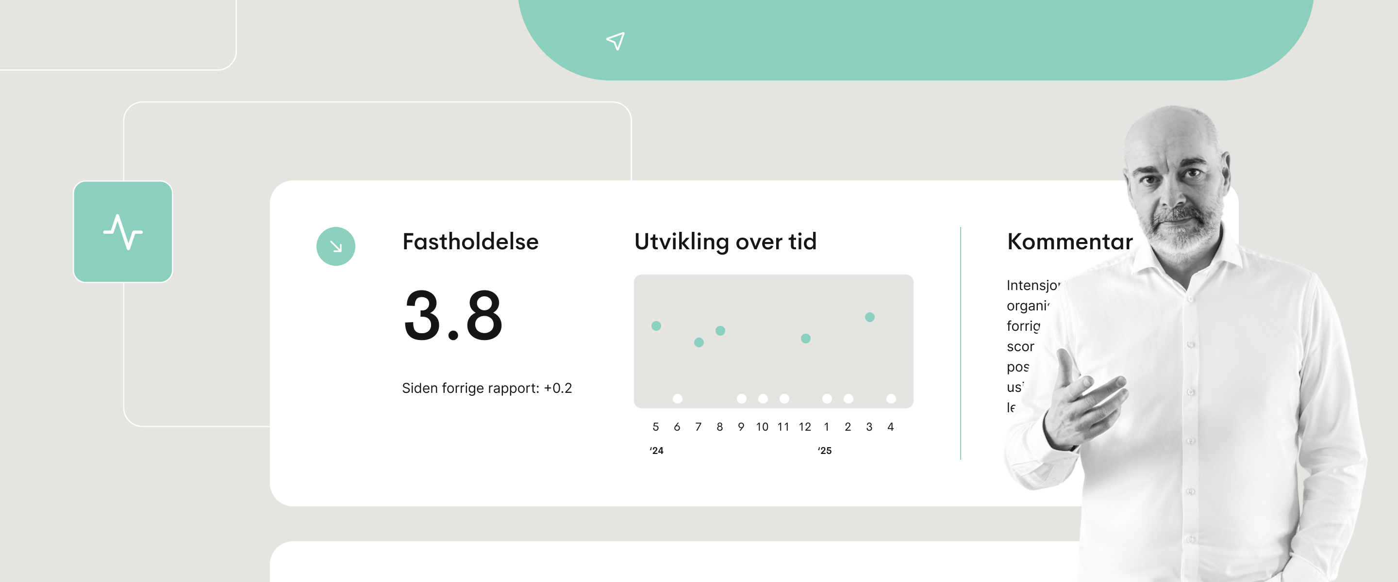 Dashbord-visning som viser en oppbevaringspoeng, trendsporing over tid og et forklarende kommentarpanel.