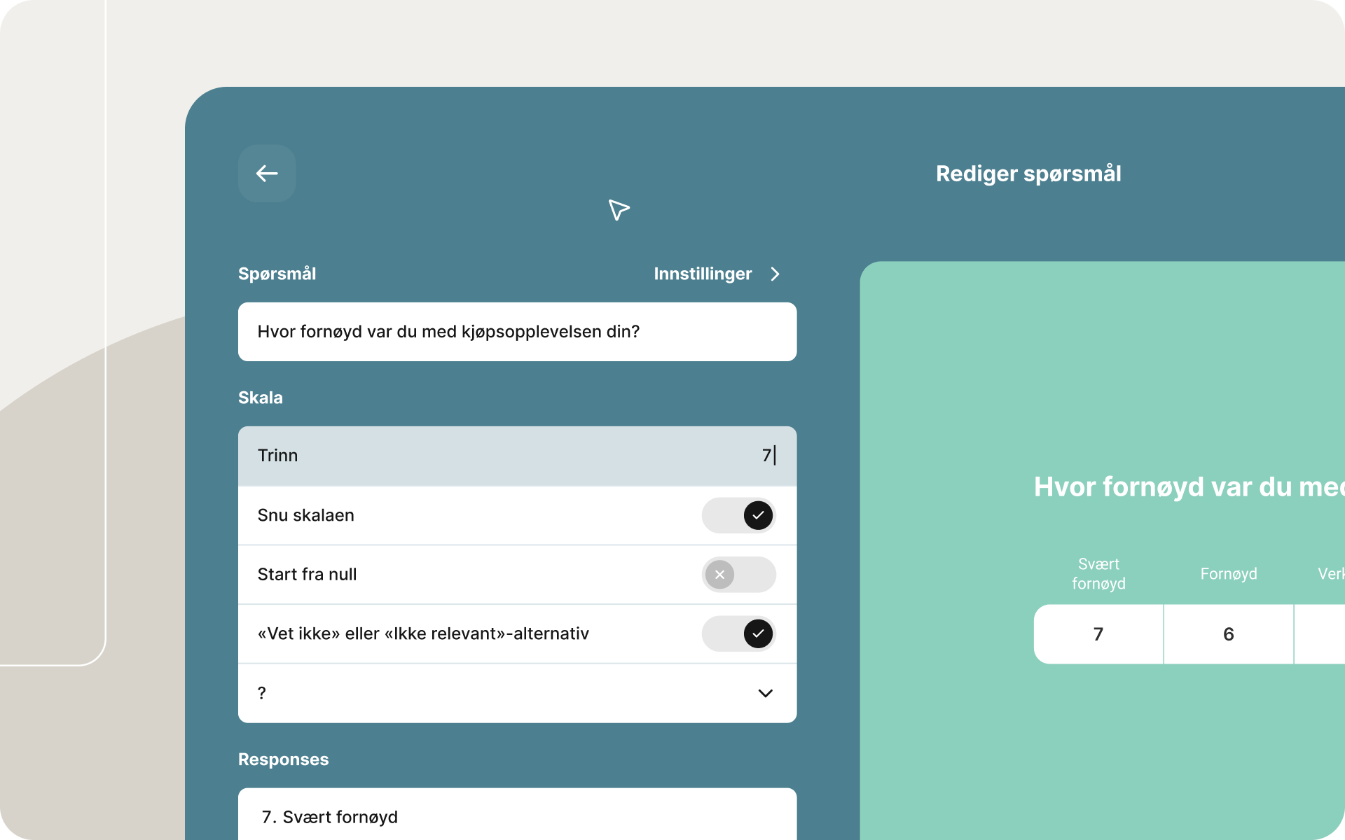 Grensesnitt som viser et spørreundersøkelsesspørsmål under redigering med justerbare skalainnstillinger, svaralternativer og en direkte forhåndsvisning av hvordan det tilpassede spørsmålet vises for respondenter.