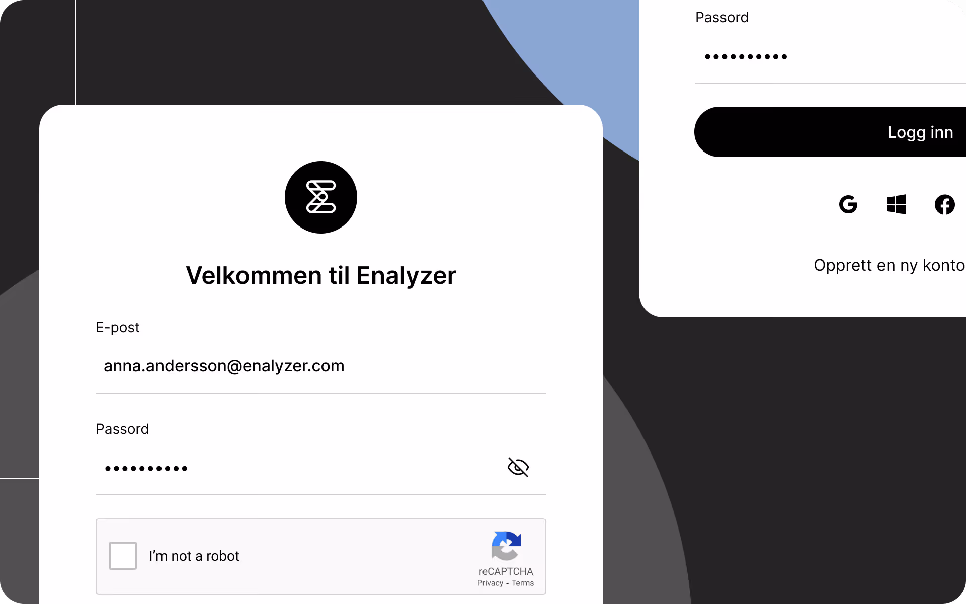 Sikkert påloggingsgrensesnitt for en spørreundersøkelsesplattform med e-post- og passordautentisering, CAPTCHA-verifisering og støtte for flerfaktorautentisering (MFA).