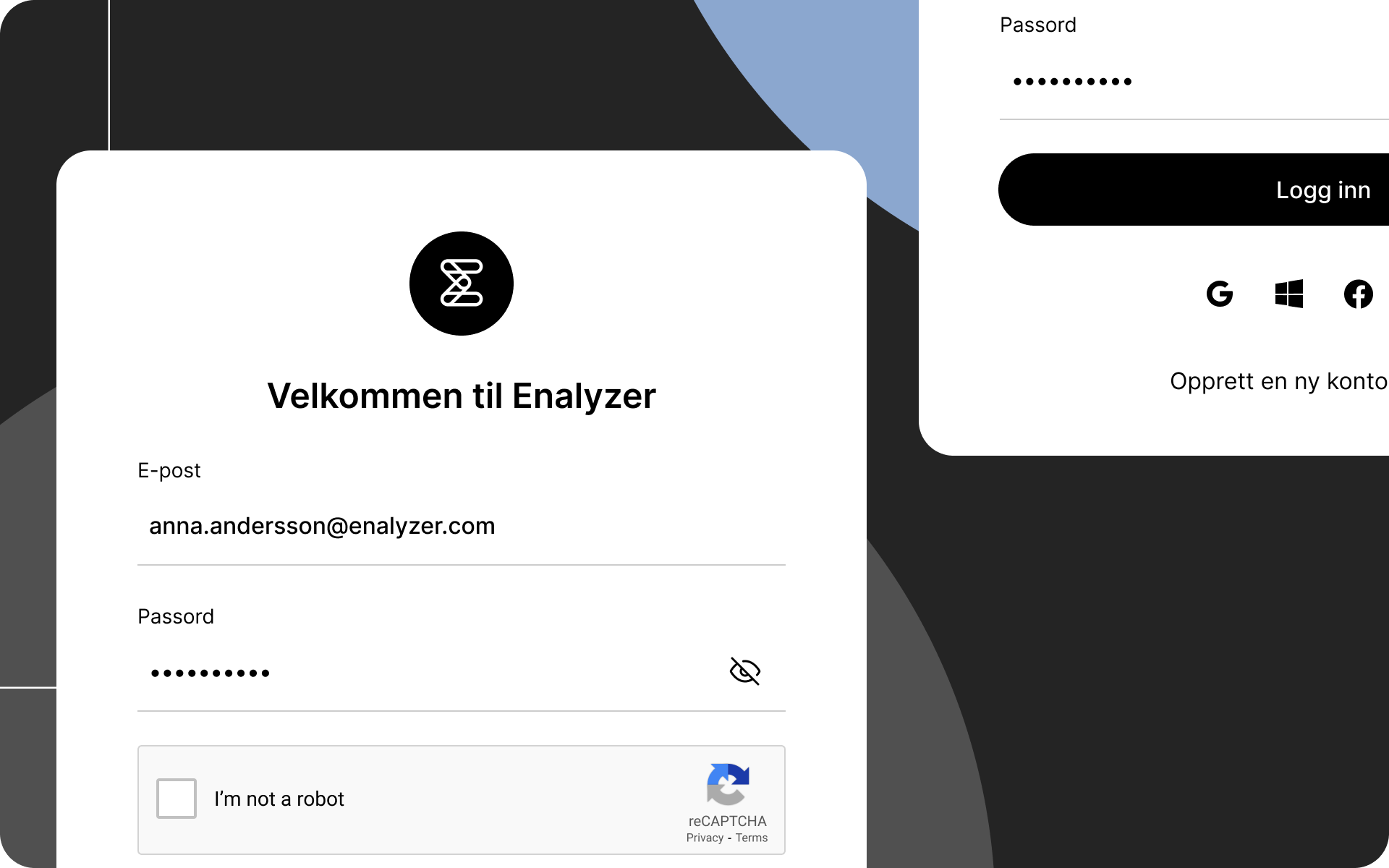 Sikkert påloggingsgrensesnitt for en spørreundersøkelsesplattform med e-post- og passordautentisering, CAPTCHA-verifisering og støtte for flerfaktorautentisering (MFA).