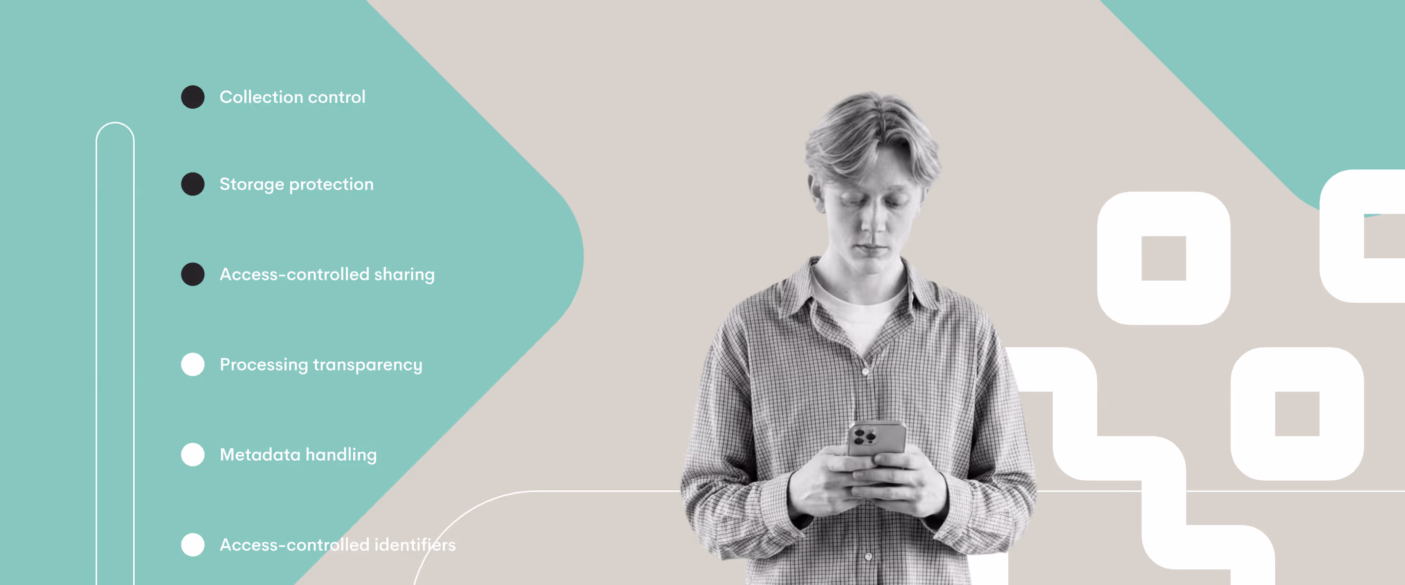 Person using a smartphone next to a list of data protection principles, including collection control, storage protection, and access-controlled sharing