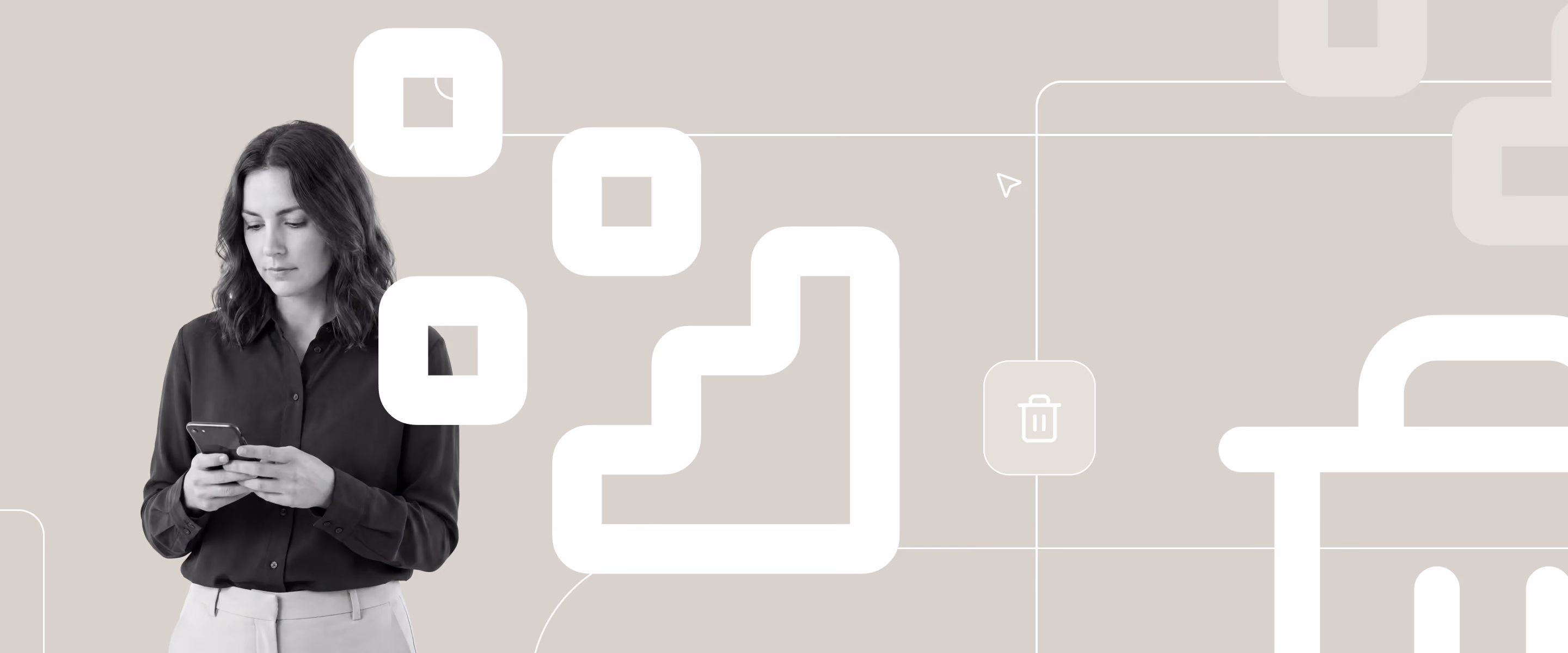 Person looking at a smartphone with abstract icons representing data flow, organization, and deletion in the background.