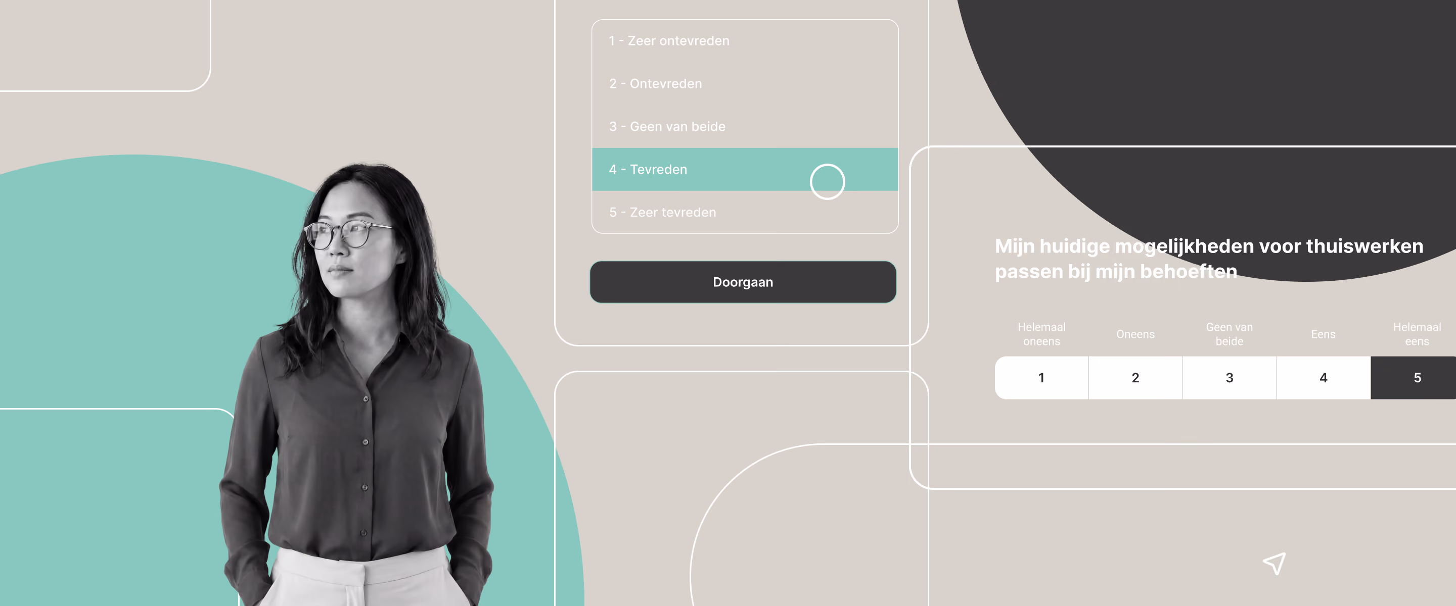 Een werknemer beantwoordt een enquête over thuiswerken via een digitale vragenlijst — een illustratie van lopende welzijnsenquêtes en feedback van werknemers.
