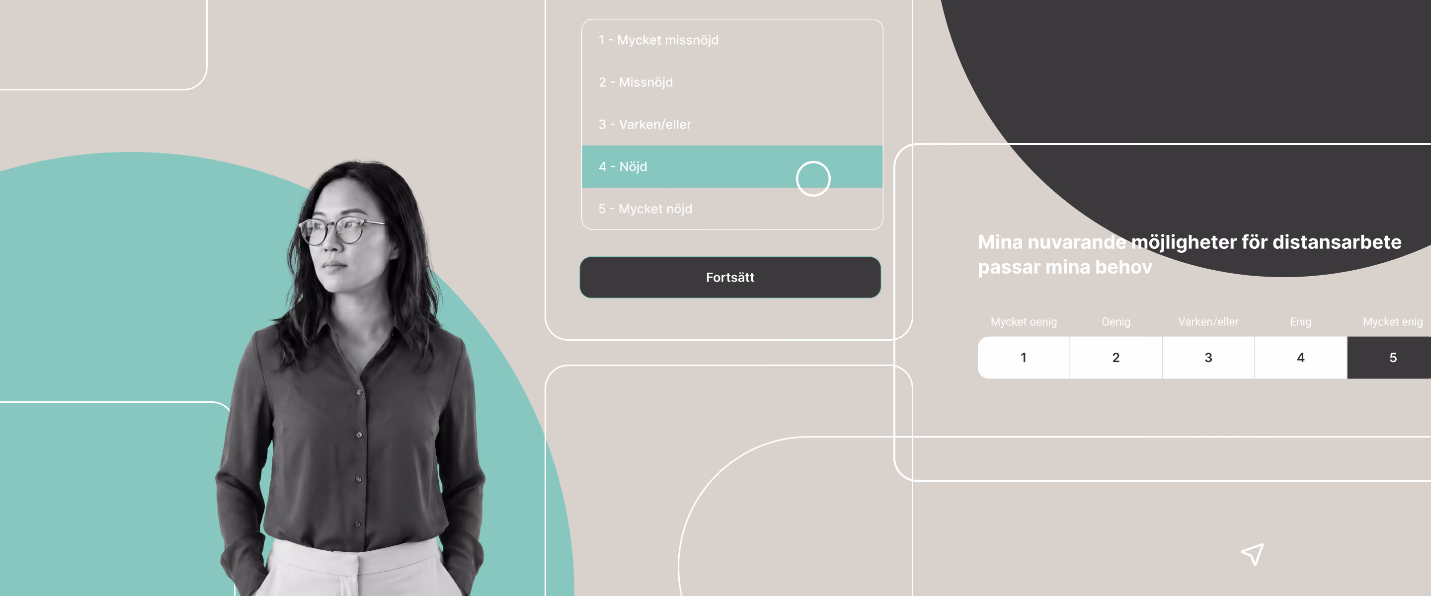 En anställd svarar på en enkät om att arbeta hemifrån via ett digitalt frågeformulär — en illustration av pågående välfärdsundersökningar och feedback från anställda.