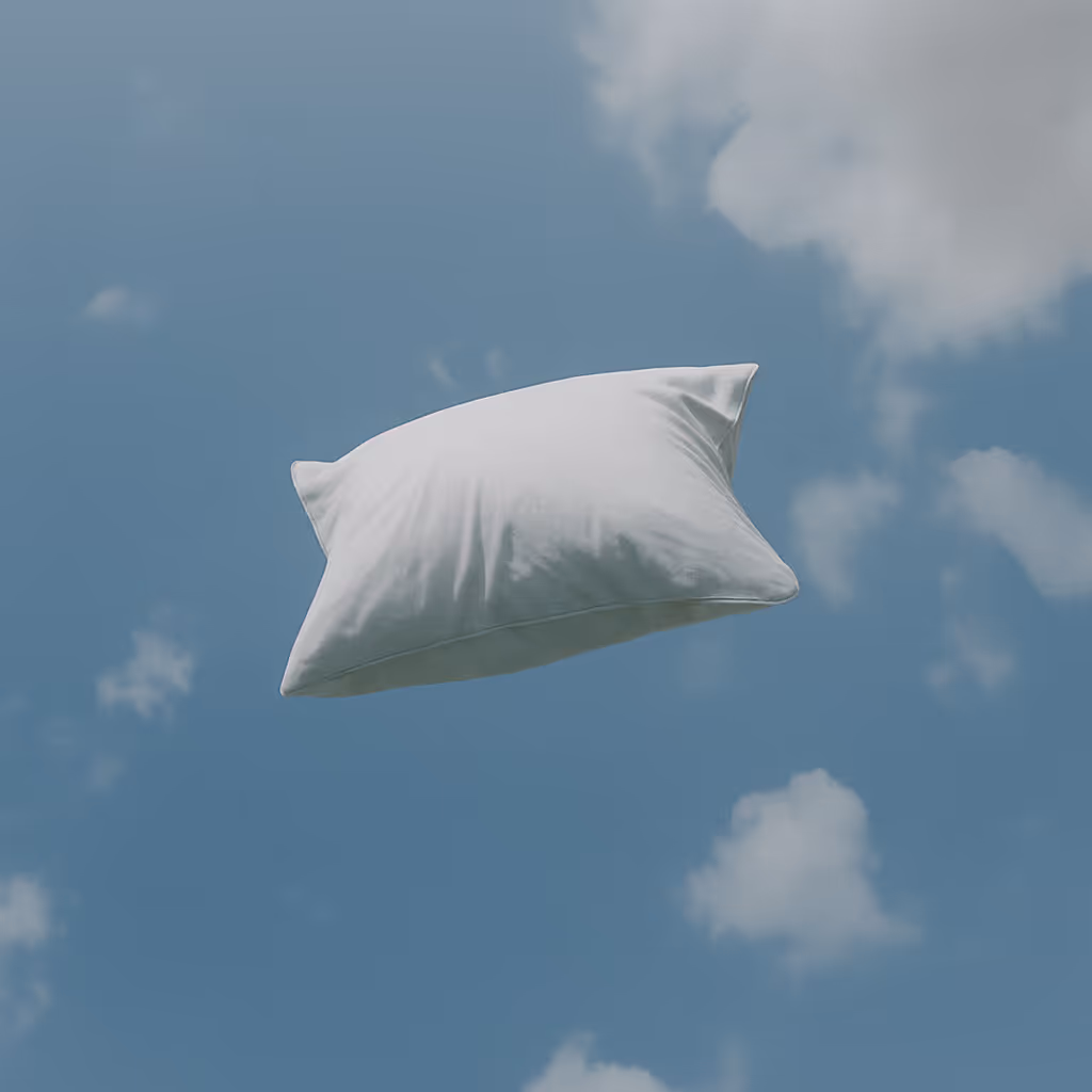 Wit kussen zweeft vredevol in blauwe lucht met wolken