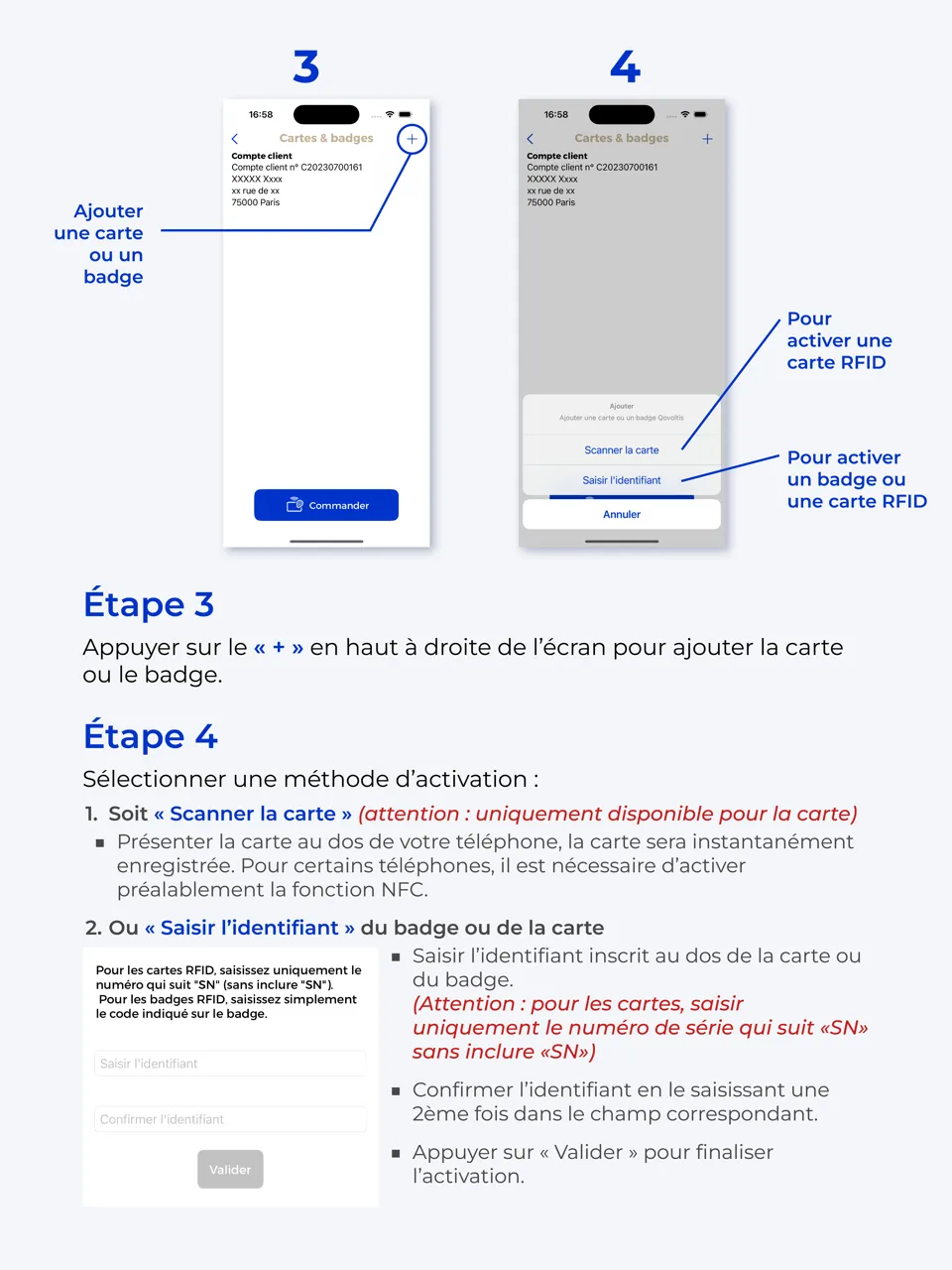 Etape 3 et 4 activation carte et badge RFID