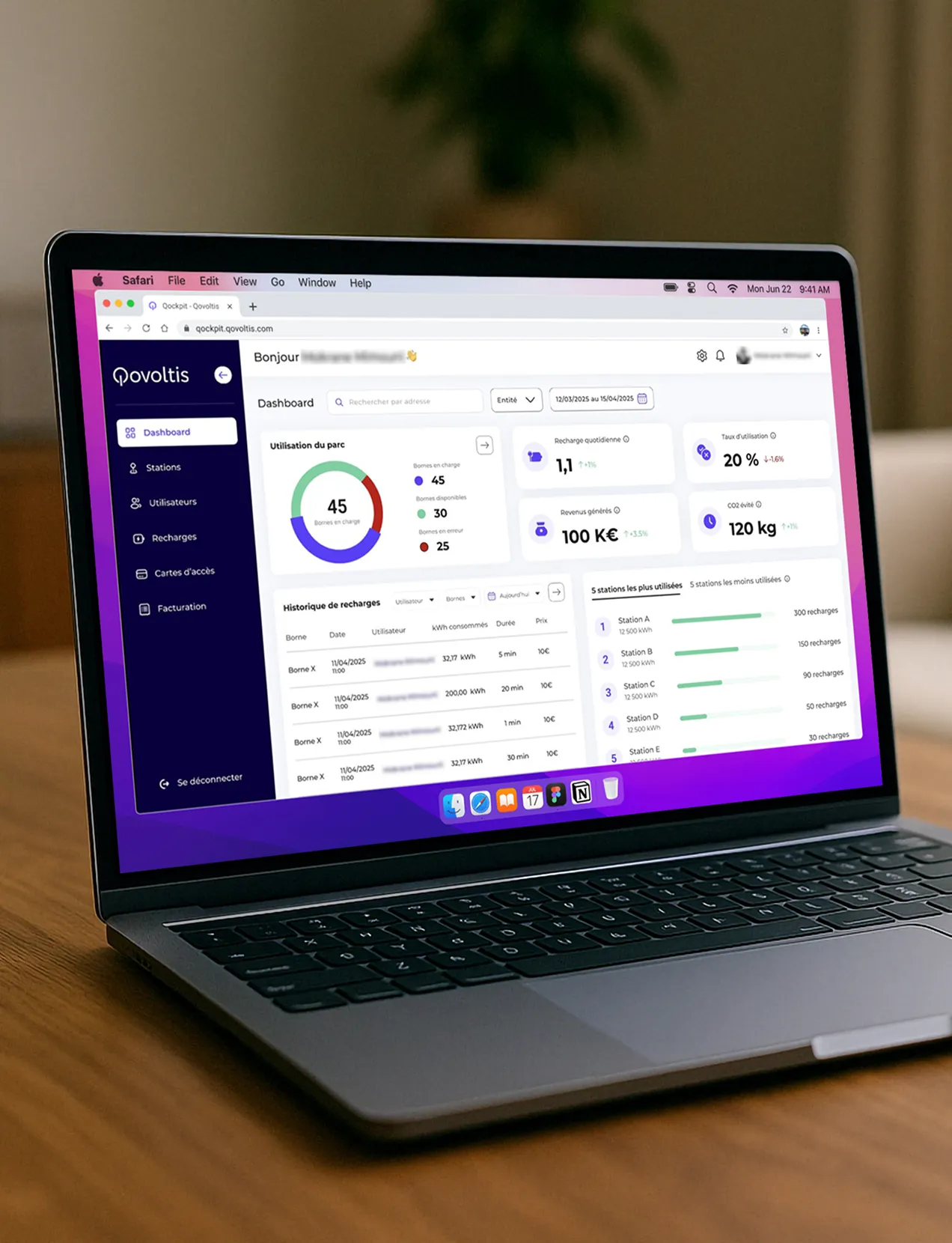 Qockpit, interface de gestion de parc de bornes présenté sur l'écran d'un ordinateur portable