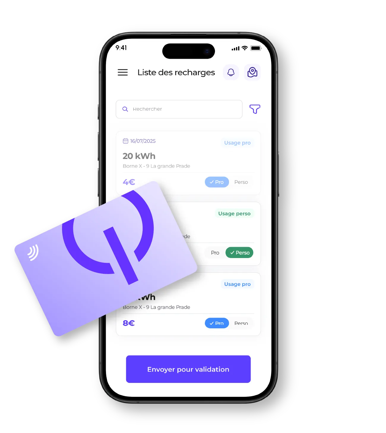 Vue de l'application Qovoltis sur la page gestion des recharges avec une carte RFID Qovoltis