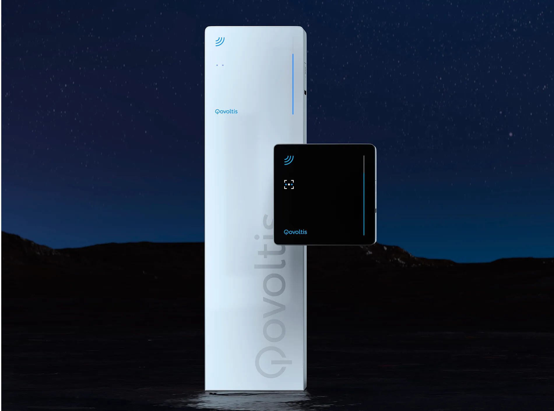 Borne totem et murale appellées Qobox T et S sur un fond de nuit