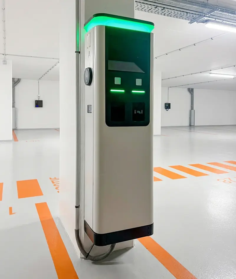 Qobox E charging station installed in an underground car park with green LED light