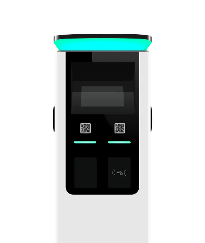 Design of the Qobox E charging station with touch screen and integrated credit card payment