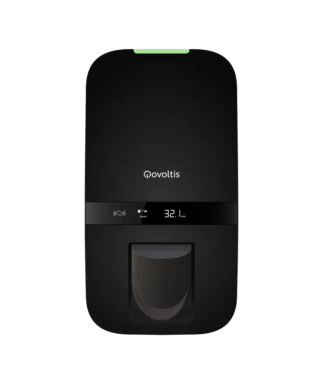 Qobox P wall charging station design on a dark background