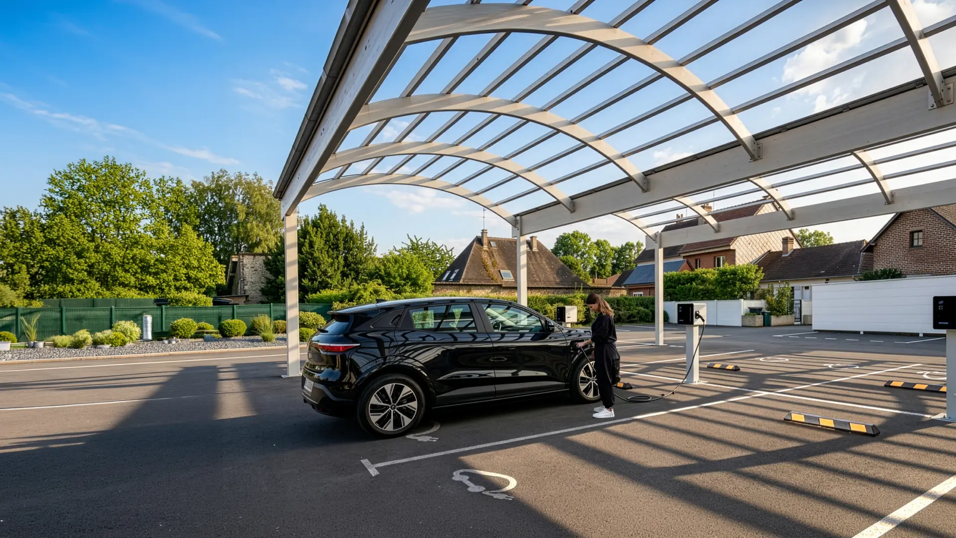 Bornes de recharge électrique Qovoltis installées sur un parking d'entreprise