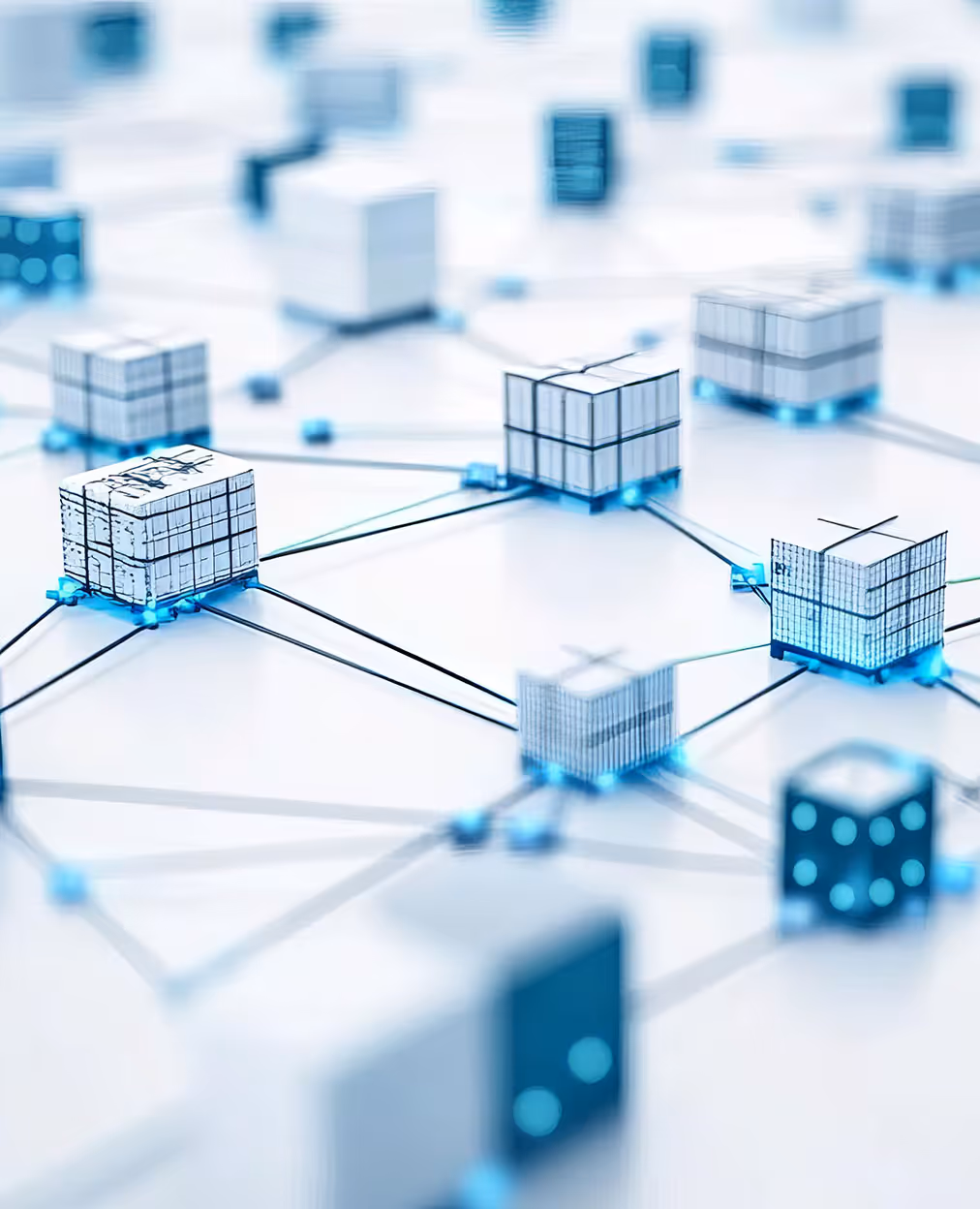 Blue and white boxes connected by lines on a grid pattern