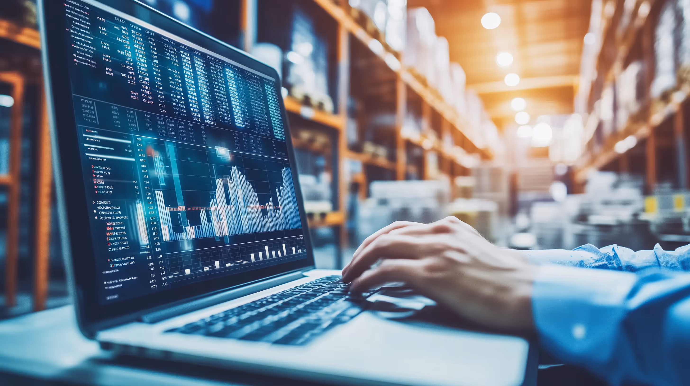 Person's hands typing on laptop computer in a warehouse setting.