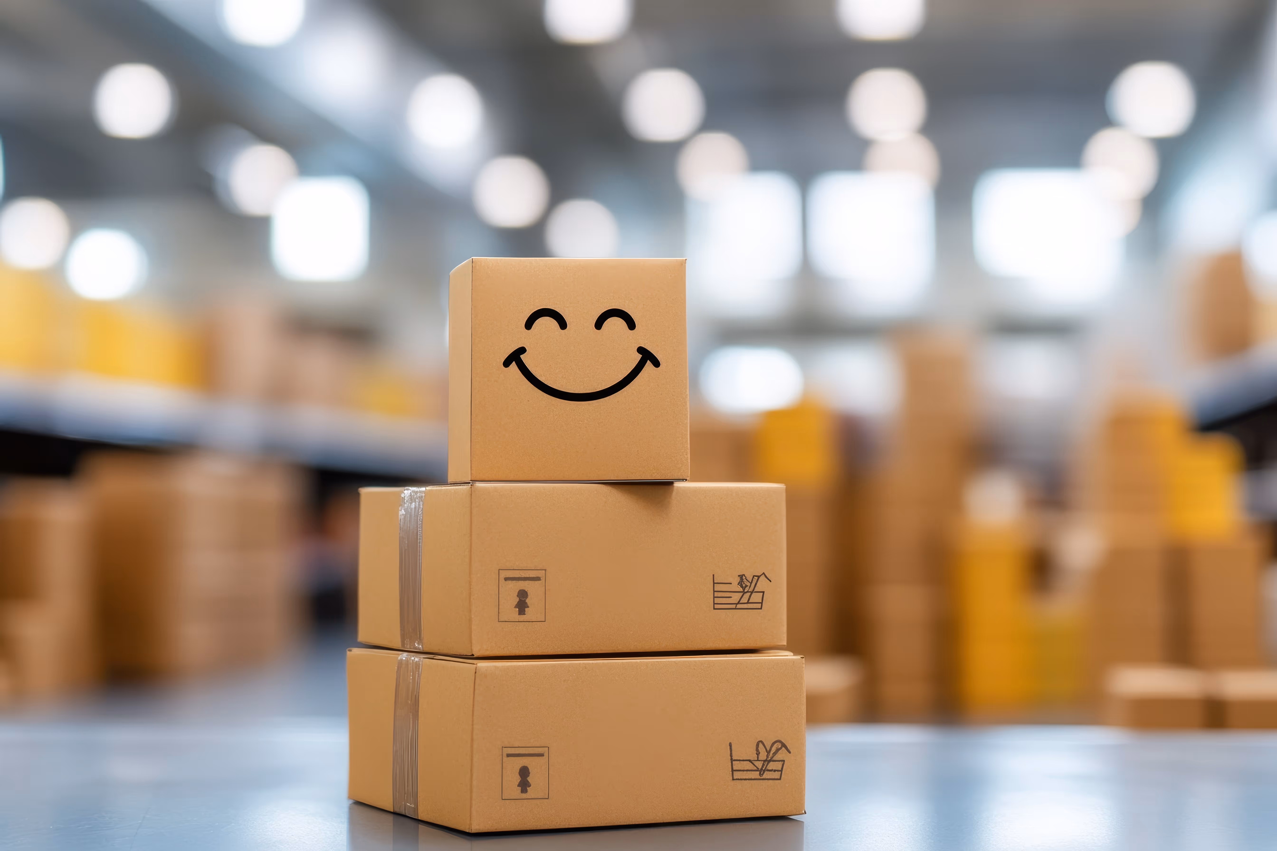 Three boxes stacked on top of each other with a smiley face on the top box in a warehouse setting.