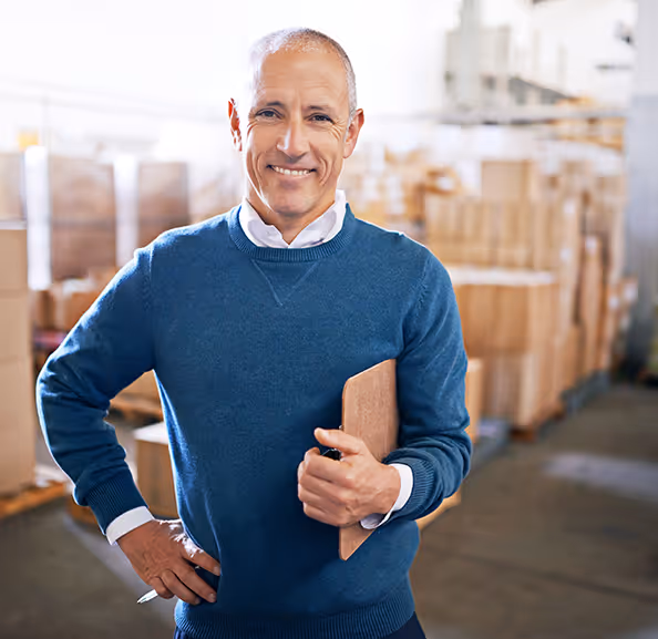 A middle aged man standing in a warehouse with a clipboard in his hand
