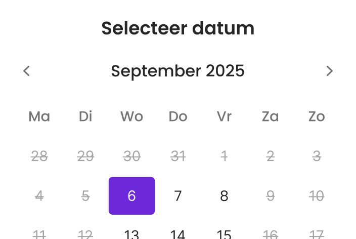 Kalender waar speler een datum en tijd kiest om boeking te voltooien.