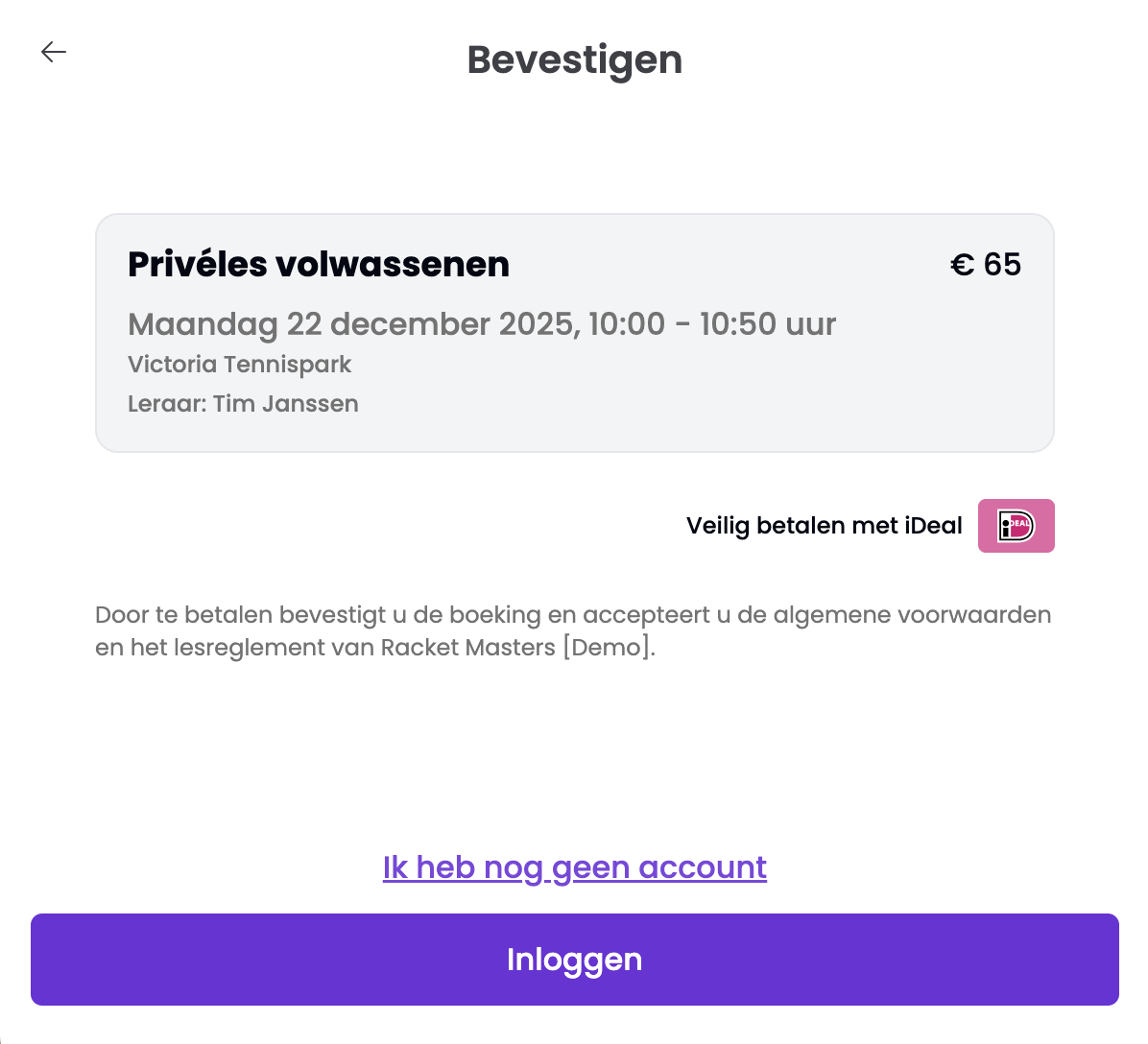Afrekenscherm speler (niet ingelogd/ geen account)