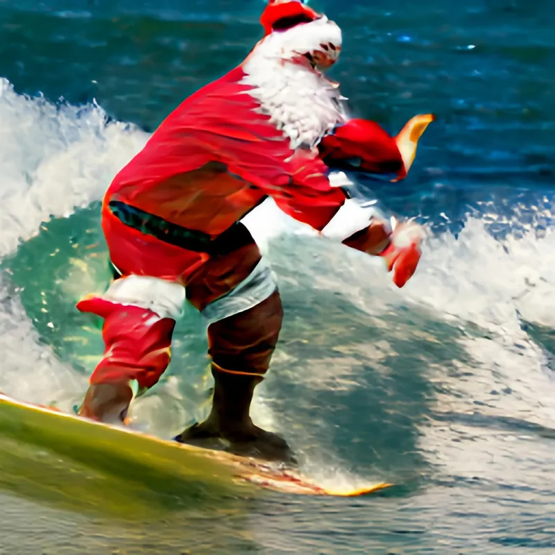 Synthetic Image of Santa Claus surfing surrounded by water