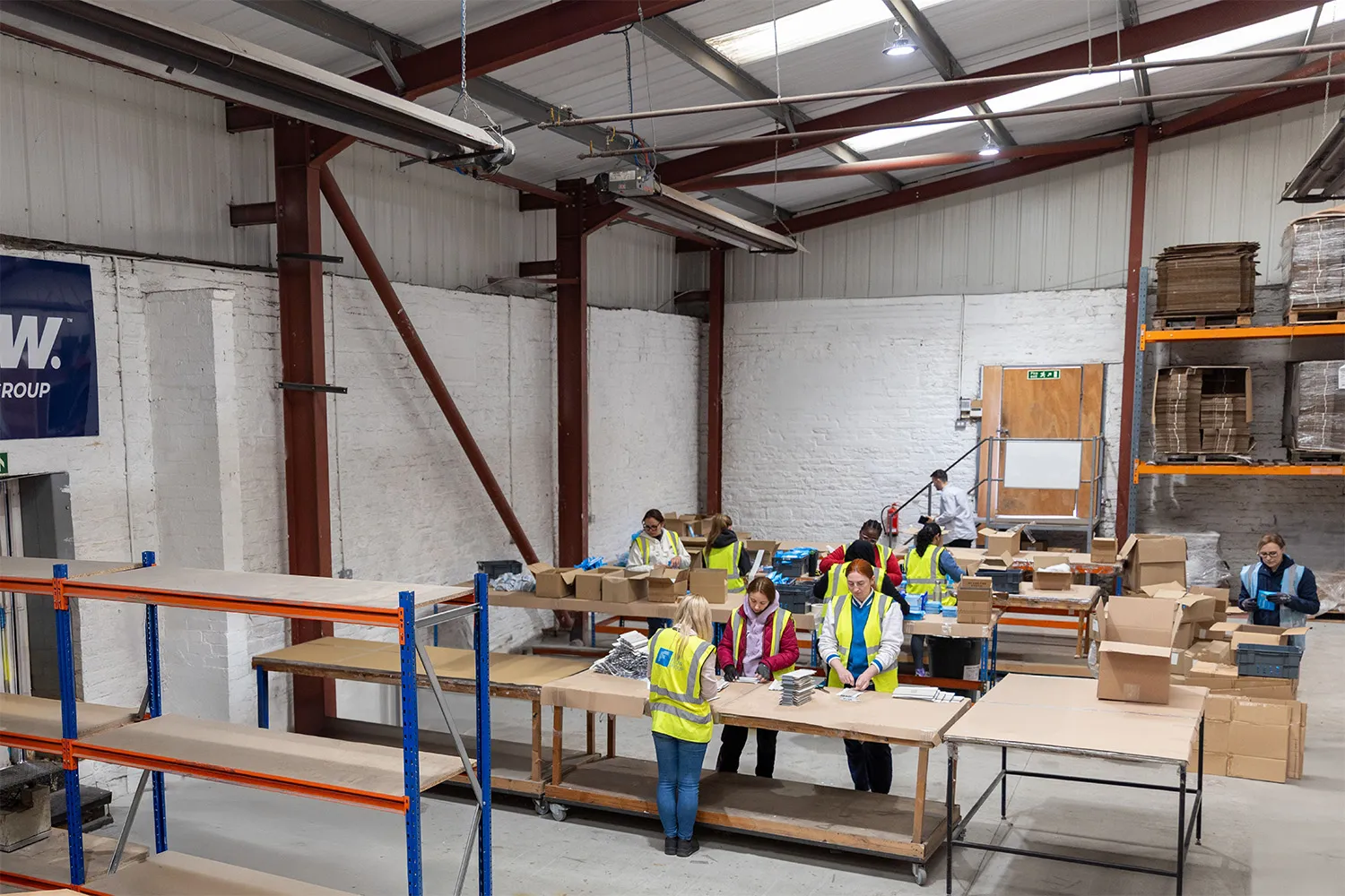 A top-down view of the Flow Group warehouse, showcasing the entire space with organised racking systems
