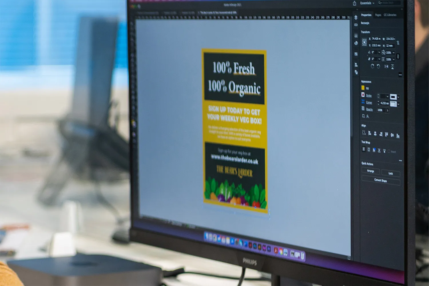 Computer screen displaying a graphic design for a fresh organic vegetable box subscription.