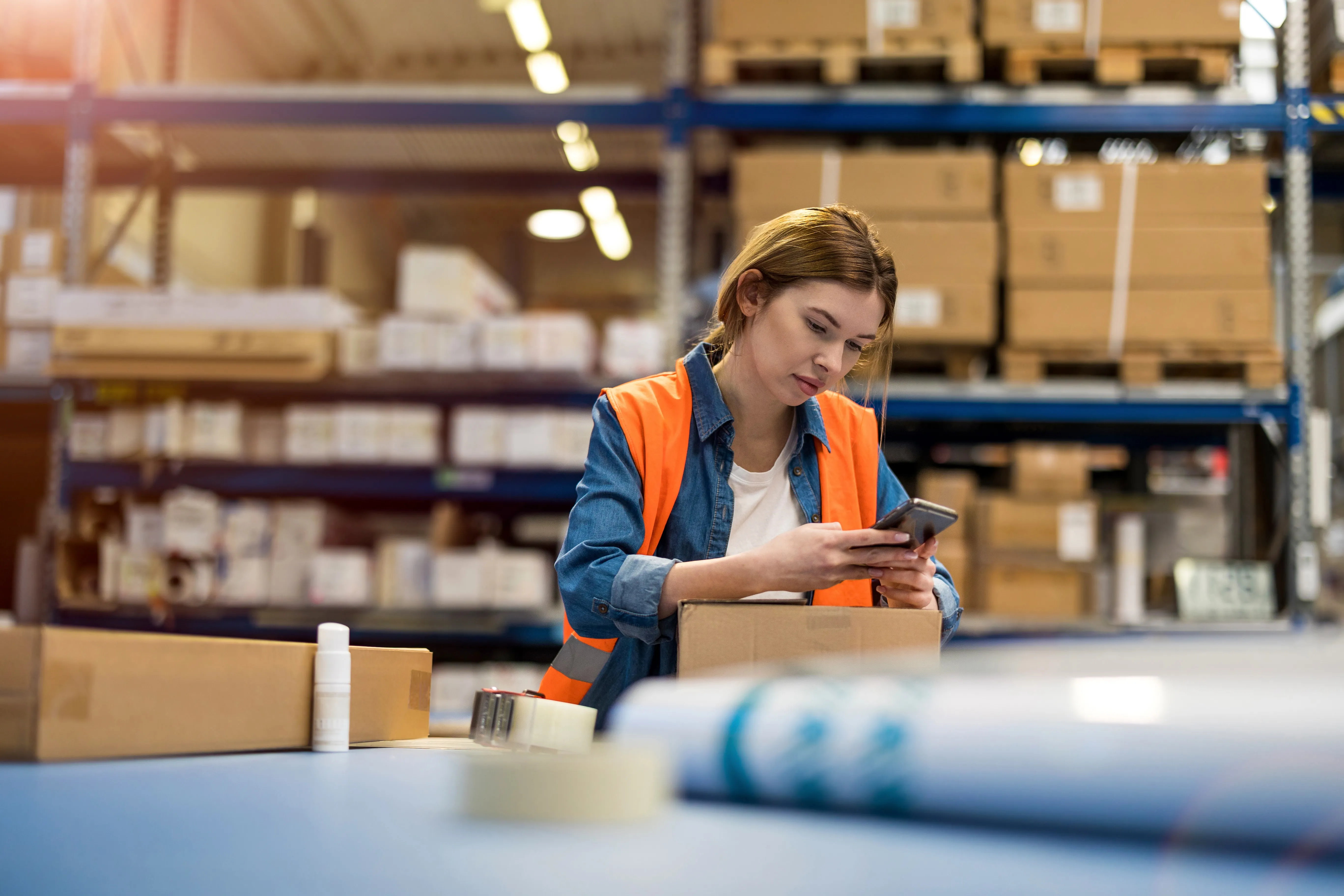 Woman in an orange safety vest using a smartphone while packaging boxes in a warehouse.