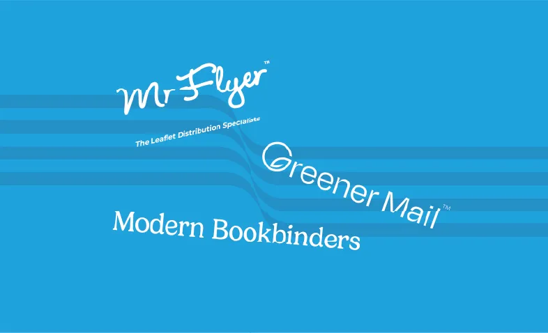 Blue background with logos and names: Mr Flyer, The Leaflet Distribution Specialists, Greener Mail, and Modern Bookbinders.