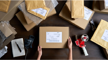 Hands holding a sealed cardboard box surrounded by mailing envelopes, packing materials, a pen, a notebook, and a tape dispenser on a wooden table.