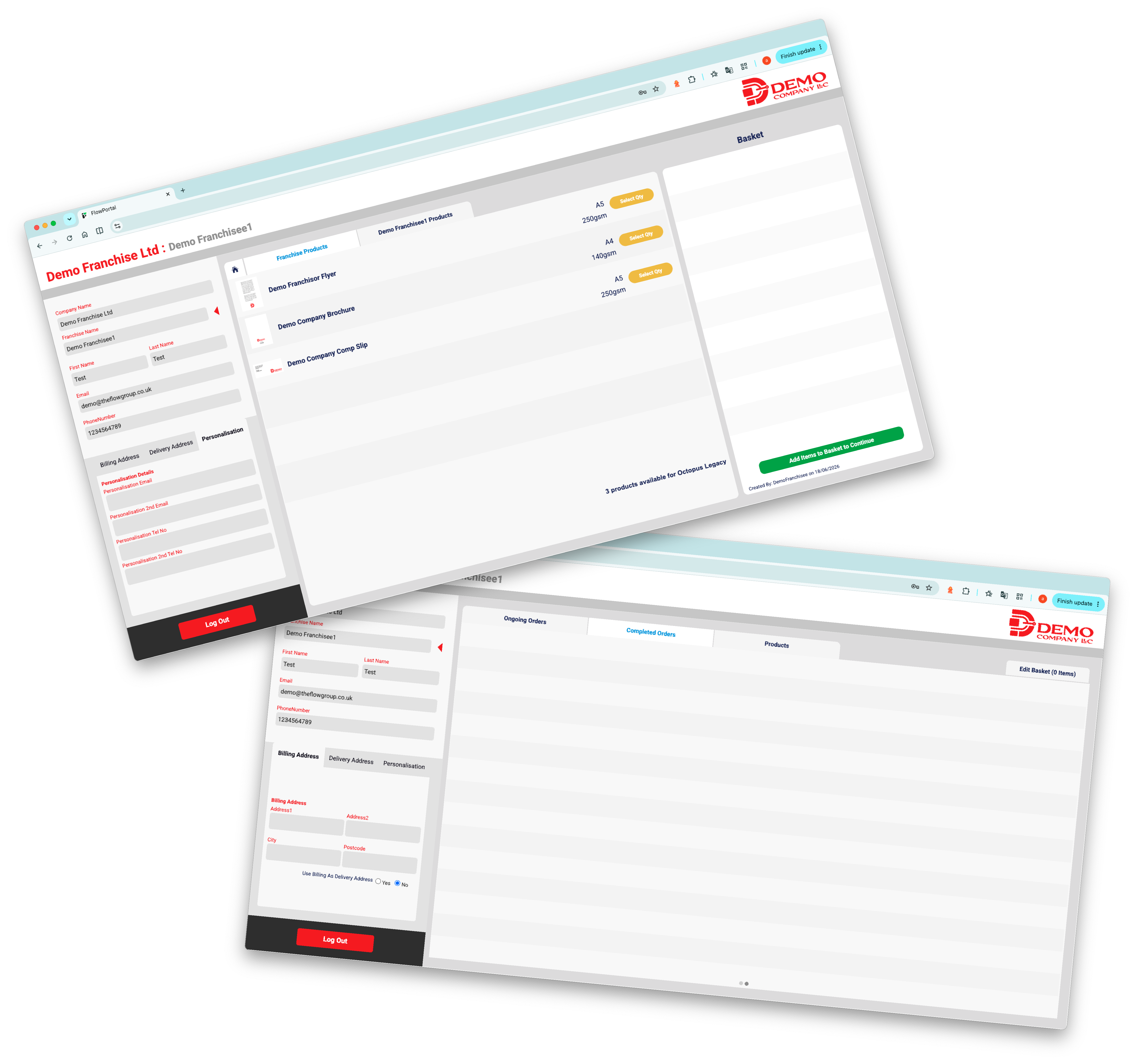 Two overlapping web portal screens showing franchise products and user details with a basket and order tabs.