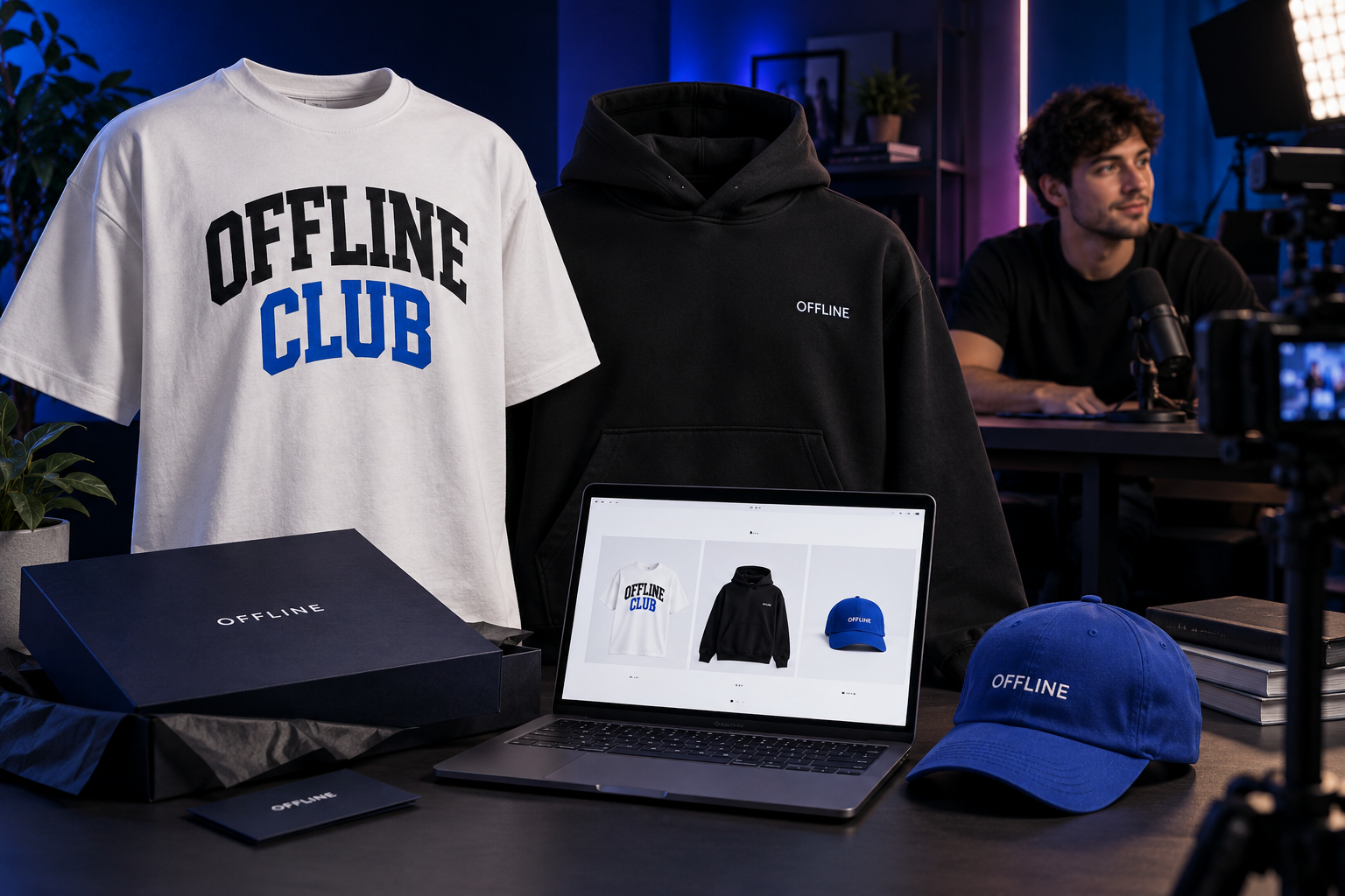 Illustrative creator merchandise collection with a hoodie, T-shirt, cap and online storefront