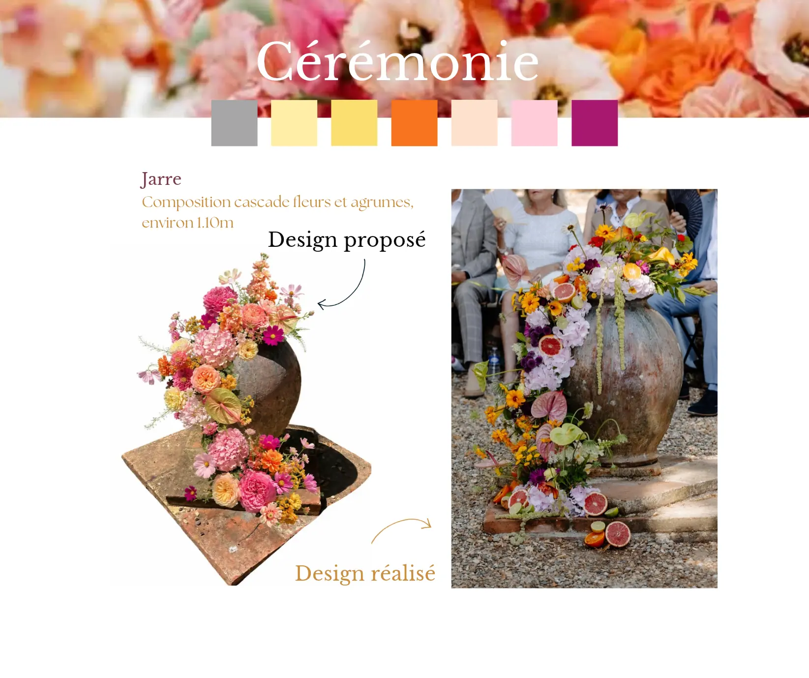 Comparaison entre un design proposé et réalisé d'une composition florale en cascade sur un grand jarre en terre cuite, avec des fleurs colorées et des agrumes, disposée en cérémonie avec des invités en arrière-plan.