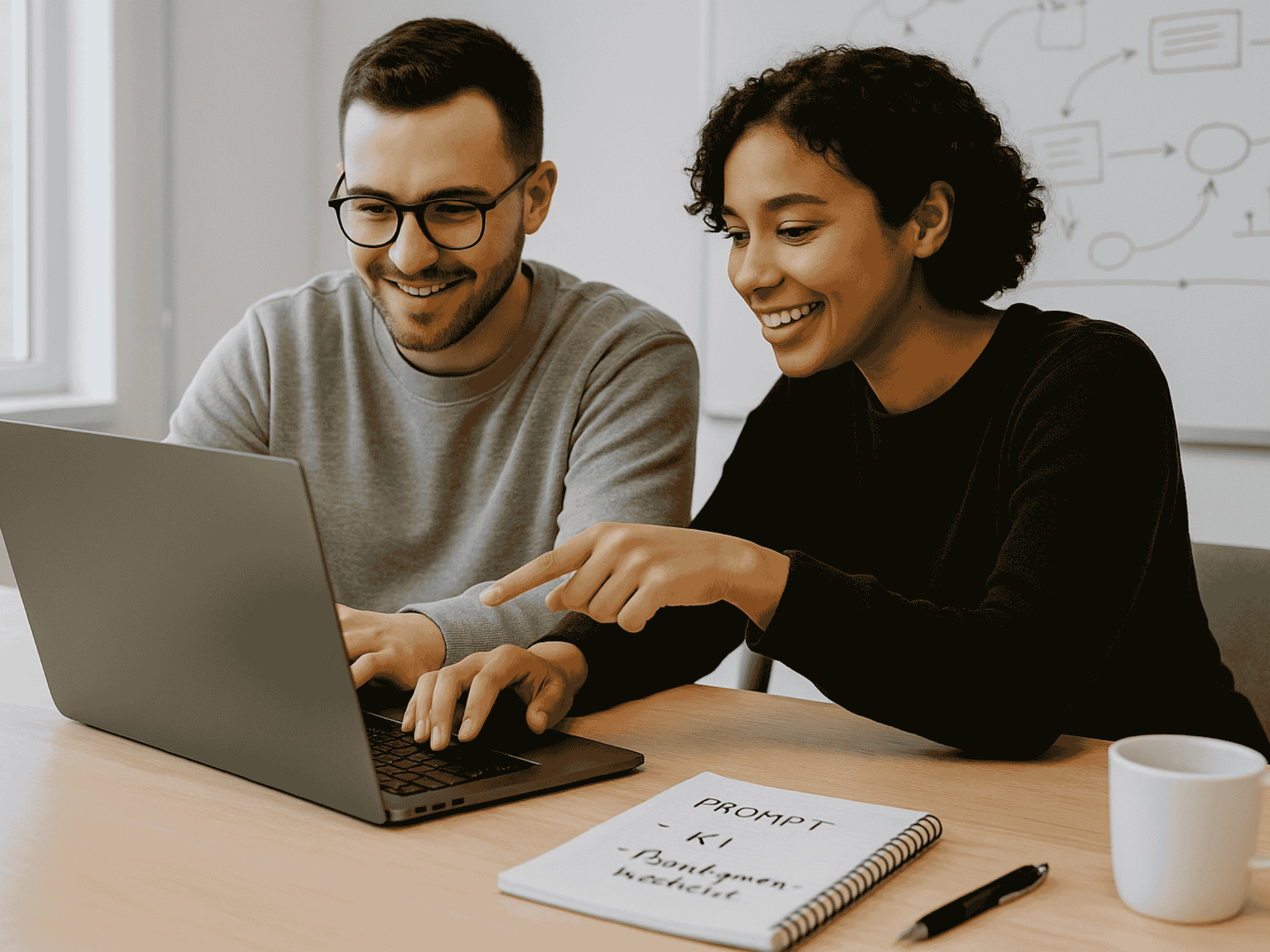 2 Personen am Laptop und unterhalten sich über KI Pormpting