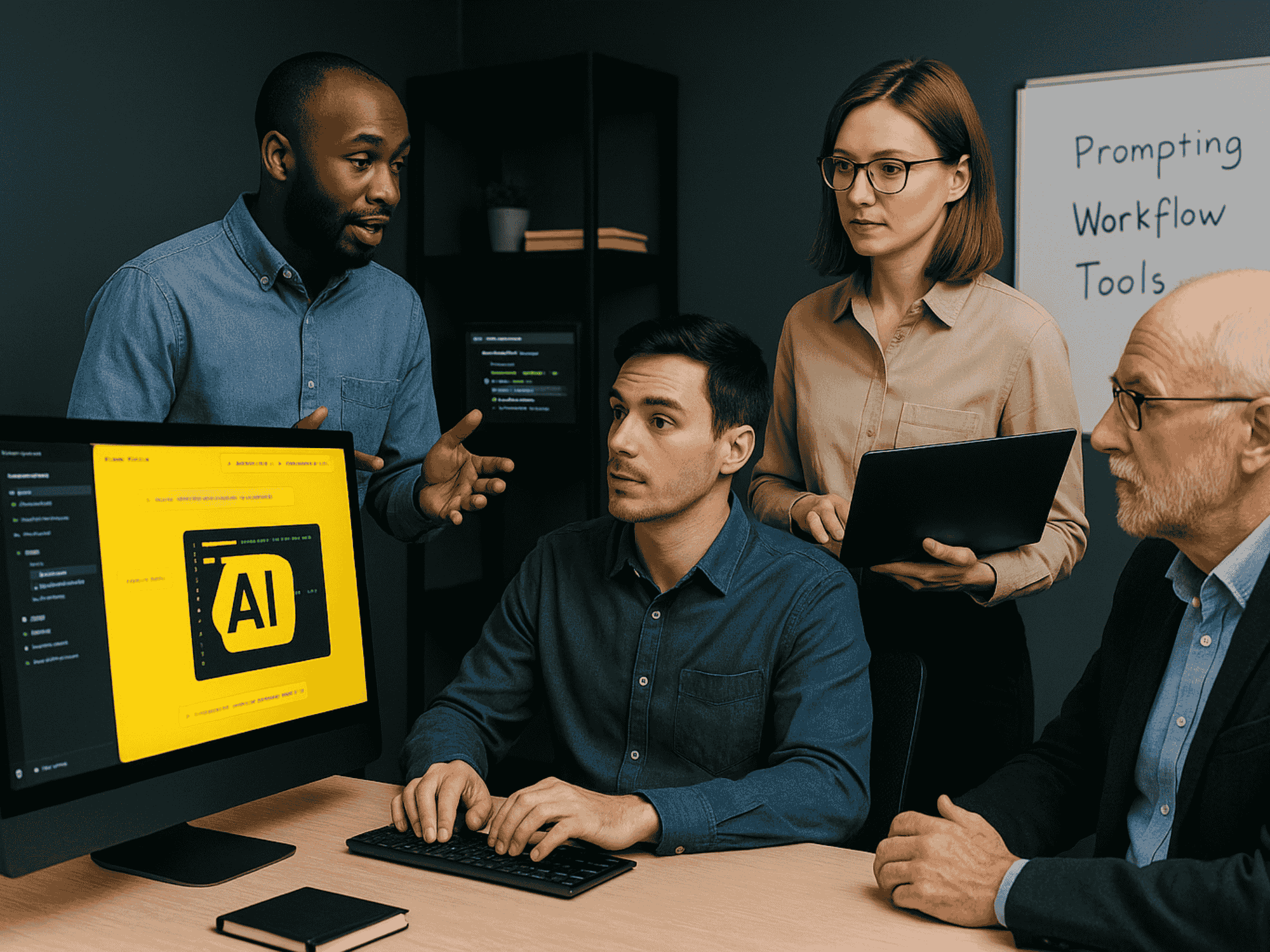 Vibecoding 4 Personen im Raum und lernen etwas über KI-Tools & Techniken