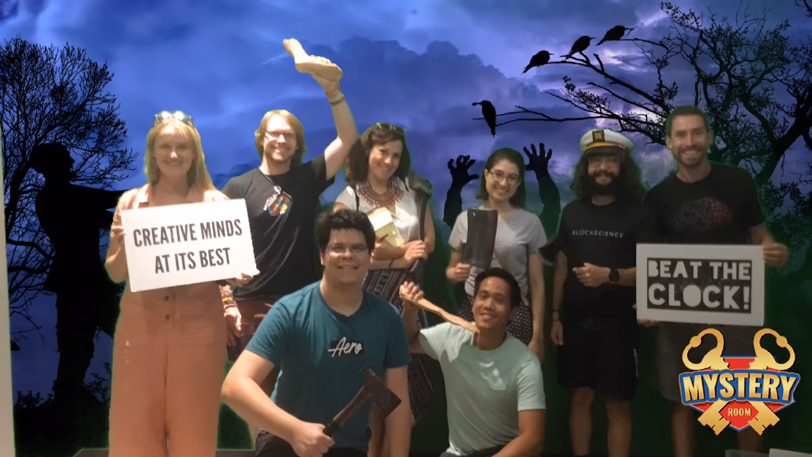 Escaping the escape room (Front row: Heather Ordway, Emmanuel Lima, Nick Hirannet, Back row: Jeff Emmett, Jessica Zartler, Lucia Korpas, Danilo Lessa Bernardinalli, Daniel Furfari)