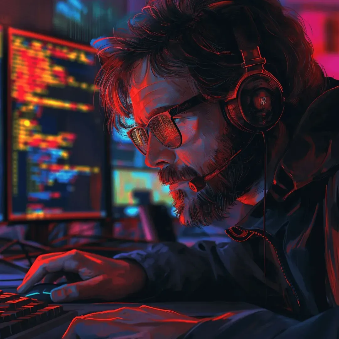 AI genrated image of a man wearing headphones and glasses working on a computer