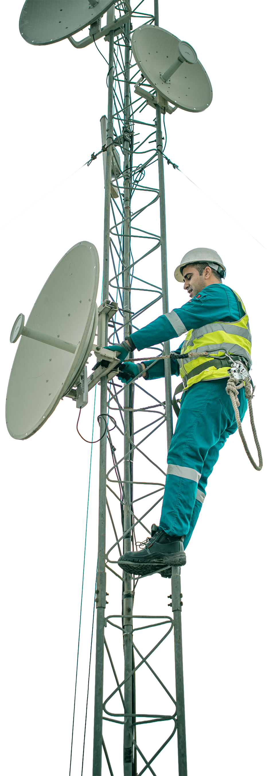 Tower technician on communications tower