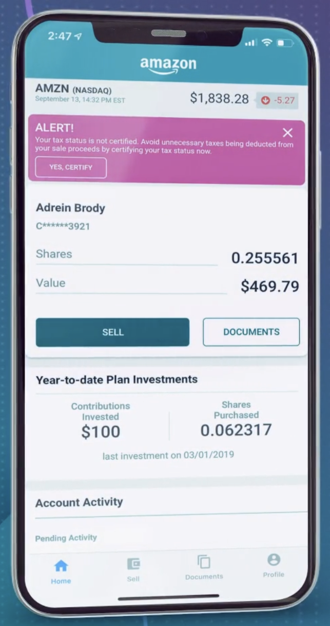 Amazon ESPP mobile app stock purchase plan interface