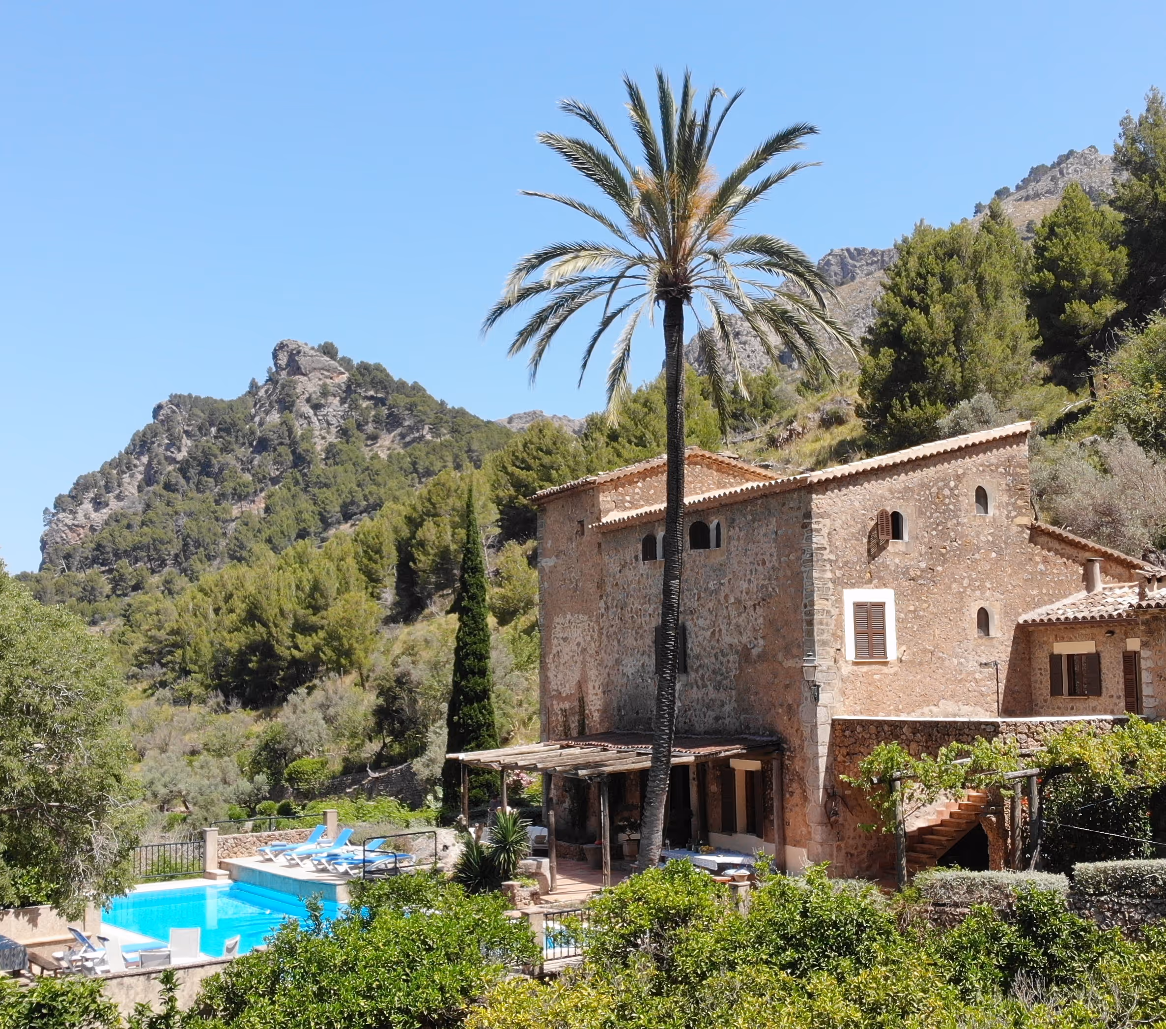 Traditional stone house at Finca Higo with a palm tree, pool area, and mountain backdrop, surrounded by Mediterranean forest in the Tramuntana region of Mallorca.