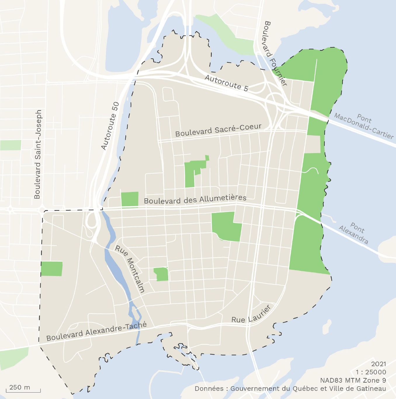 Carte du périmètre du centre-ville de Gatineau visé par le Dhullar