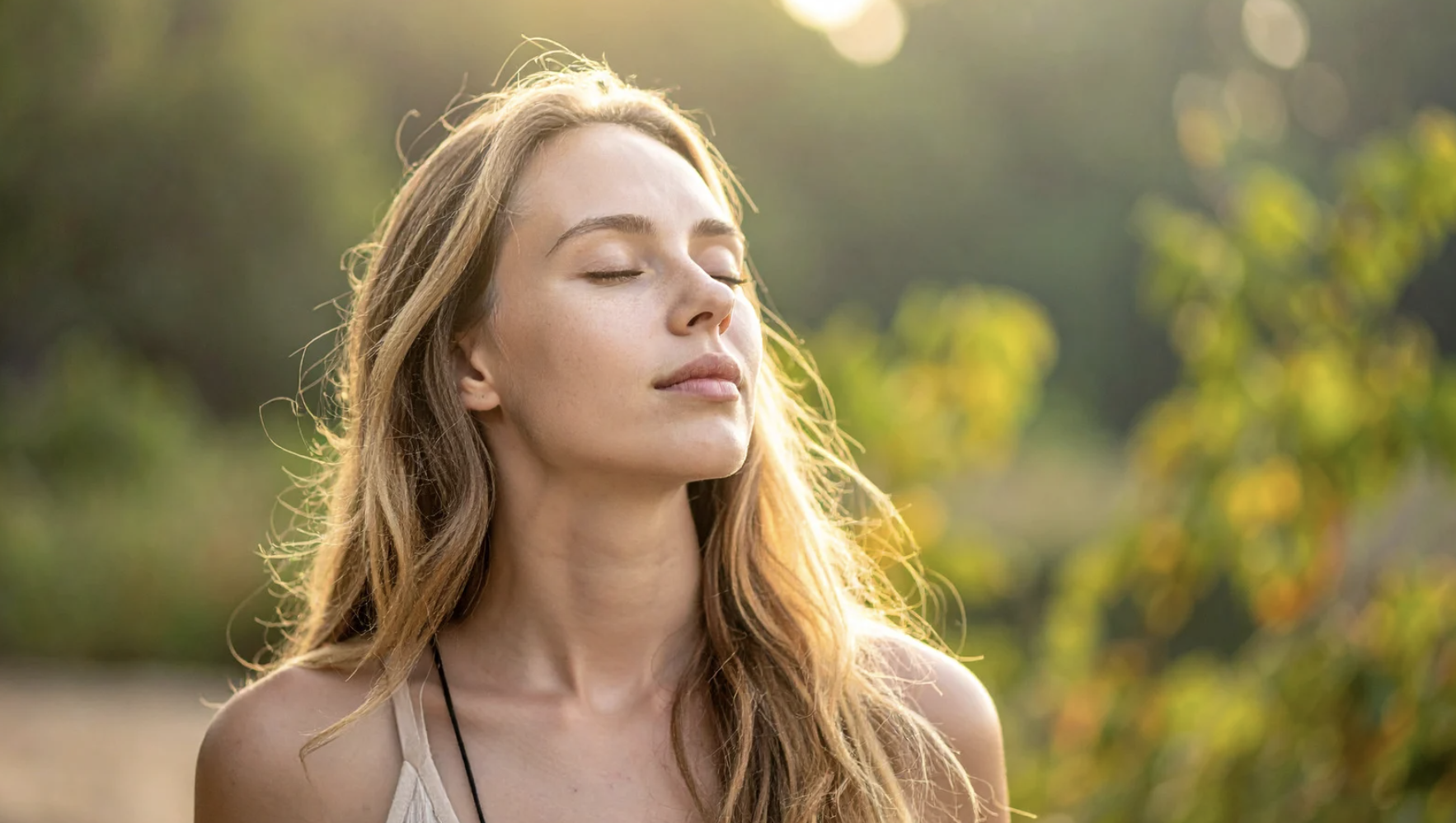 Woman pausing outdoors in warm sunlight