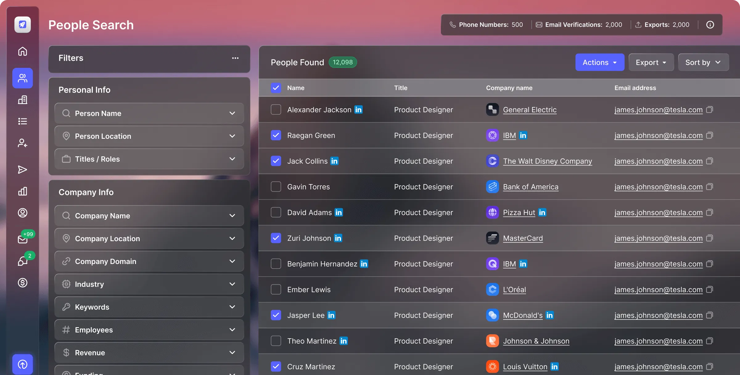 User interface of a people search tool showing filters for personal and company info, and a list of product designers with their names, companies, and email addresses.